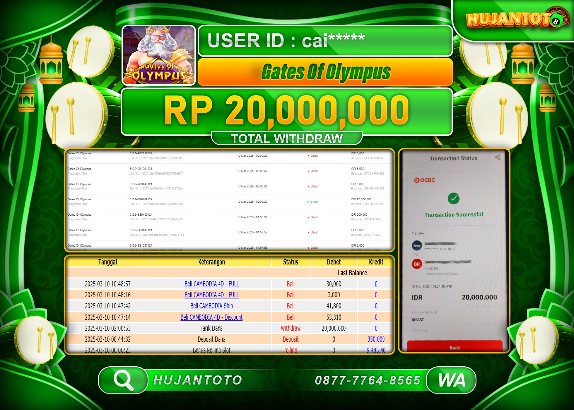 HUJANTOTO - BUKTI JACKPOT MENANG SLOT GATES OF OLYMPUS Rp,20,000,000 - TERBAYAR LUNAS