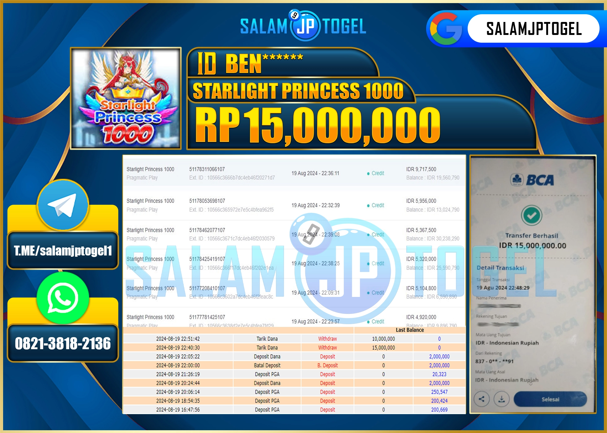 SALAMJPTOGEL MENANG SLOT STARLIGHT PRINCESS 1000 RP. 15,000,000 LUNAS