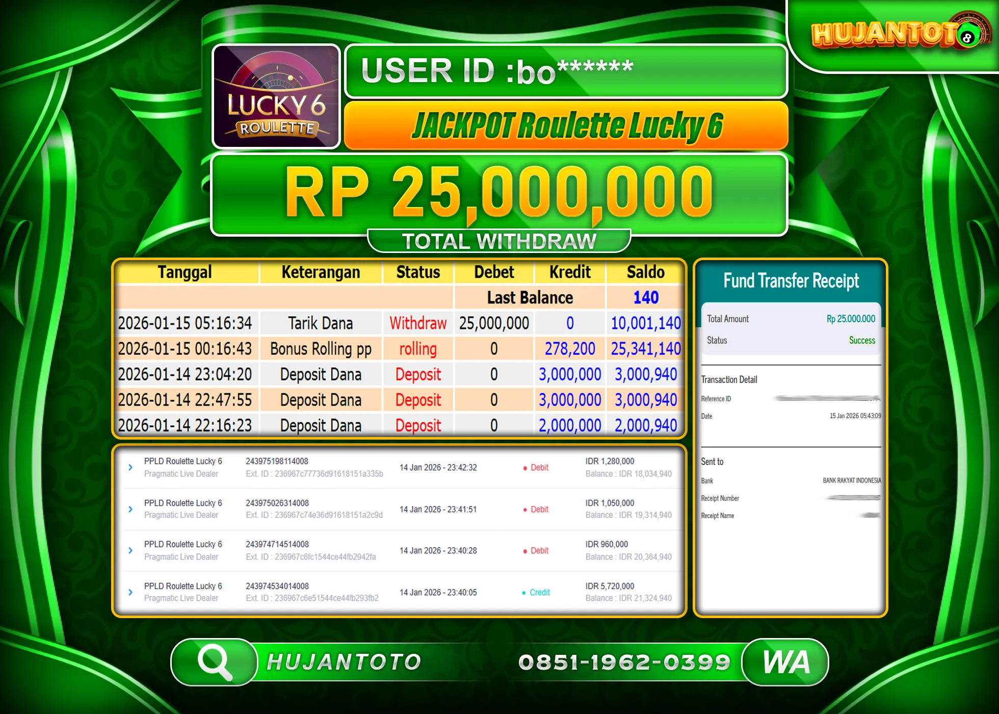 HUJANTOTO - BUKTI JACKPOT MENANG  ROULETTE LUCKY 6 PRAGMATIC Rp.25,000,000 - TERBAYAR LUNAS