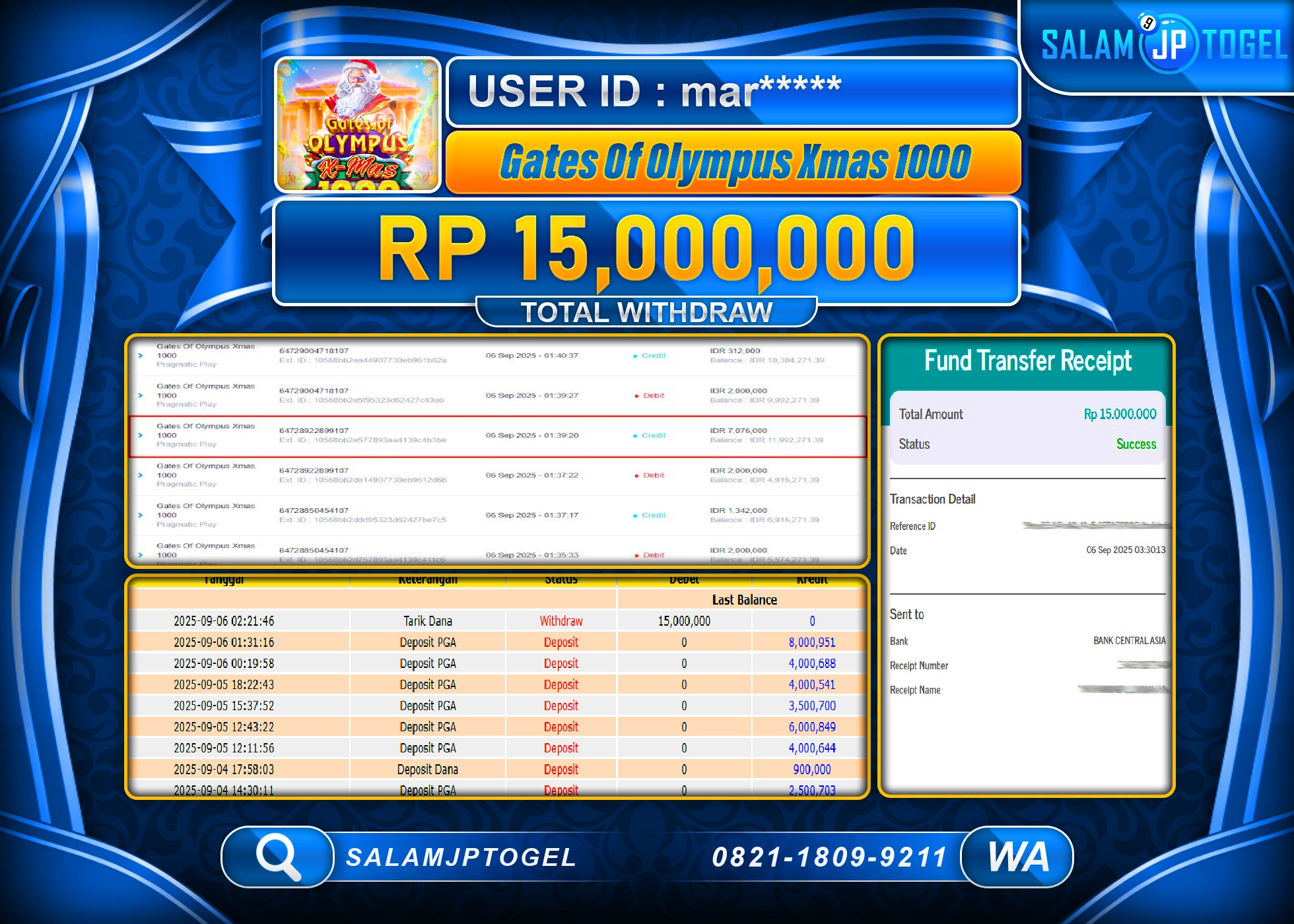 SALAMJPTOGEL MENANG GATES OF OLYMPUS XMAS 1000 Rp.15,000,000