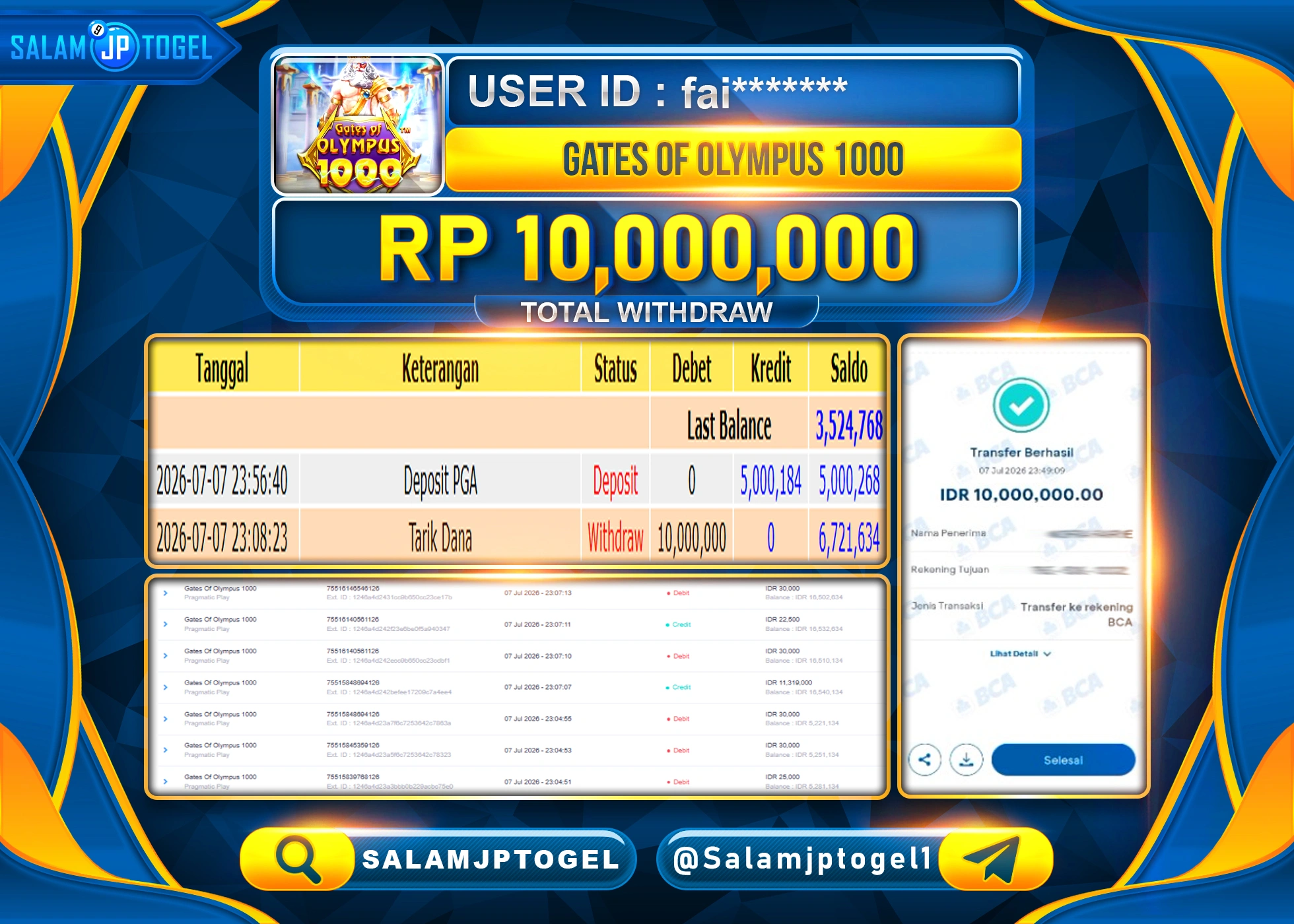 SALAMJPTOGEL JACKPOT MENANG SLOT GATES OF OLYMPUS 1000 Rp.10,000,000 - LUNAS