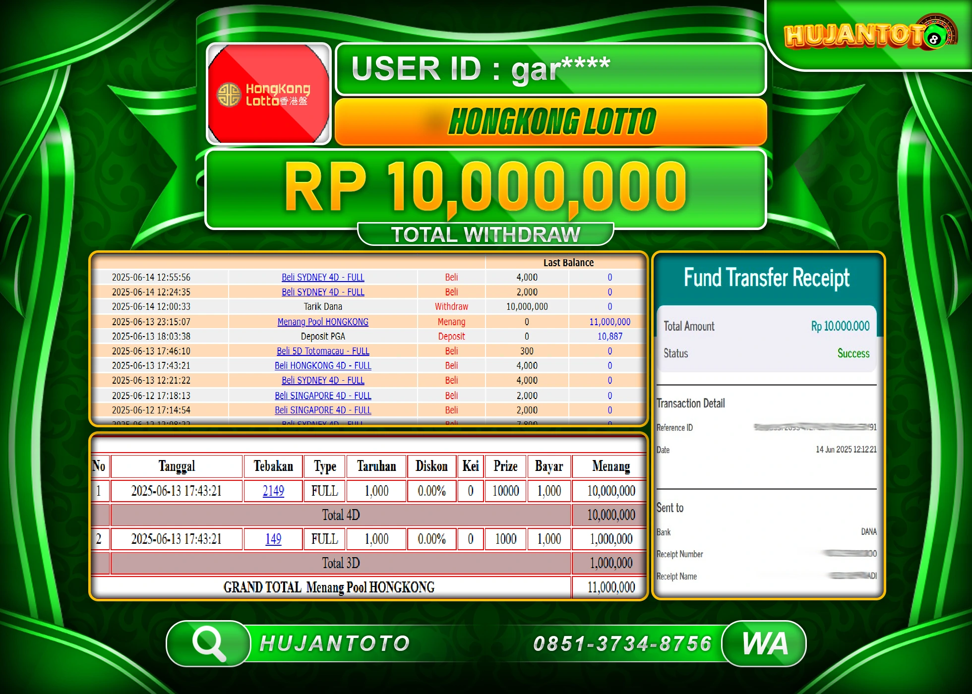 HUJANTOTO - BUKTI JACKPOT MENANG TOGEL HONGKONG LOTTO Rp,10,000,000 - TERBAYAR LUNAS