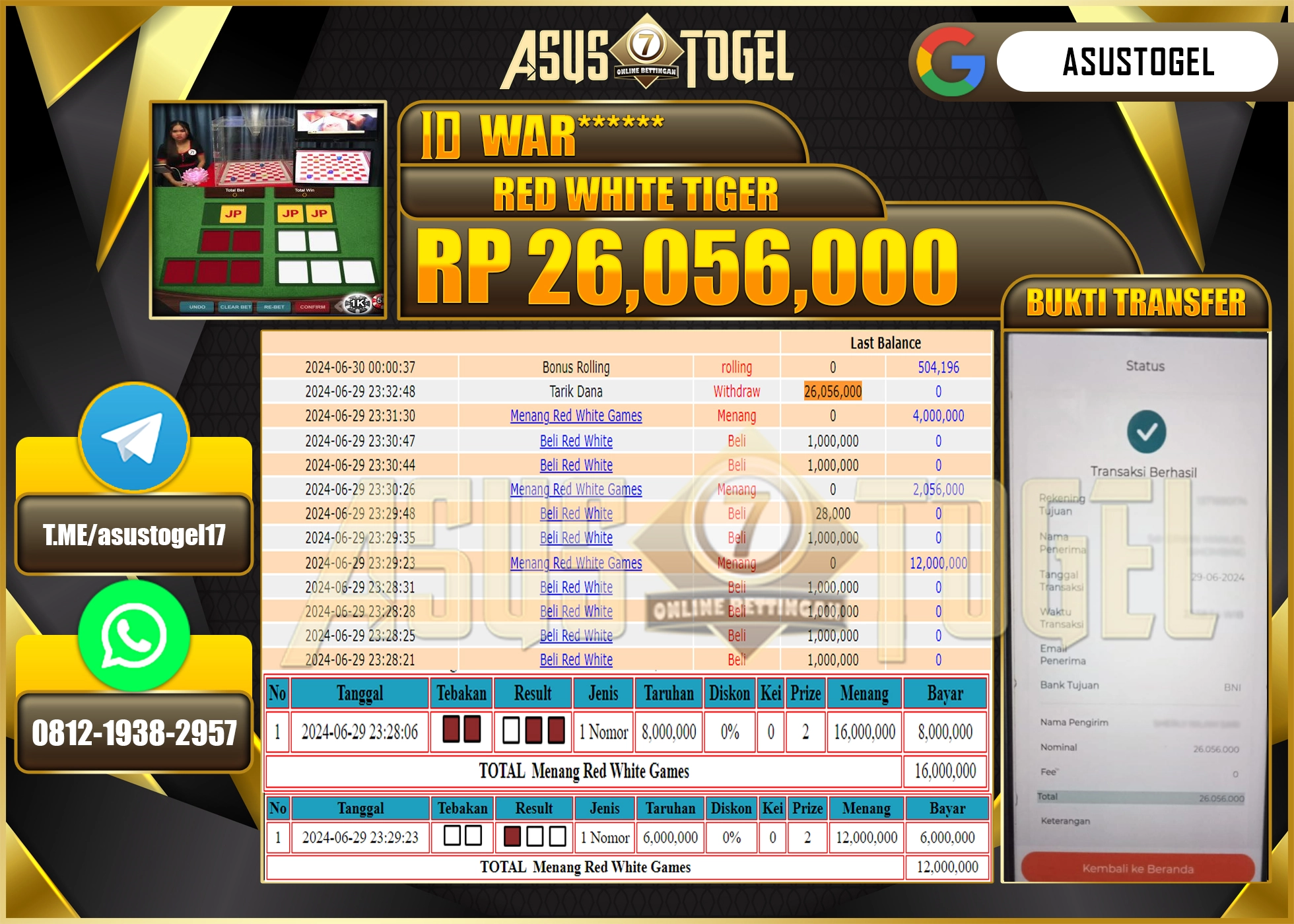 ASUSTOGEL KEMENANGAN RED WHITE TIGER SEBESAR 26,056,000-LUNAS