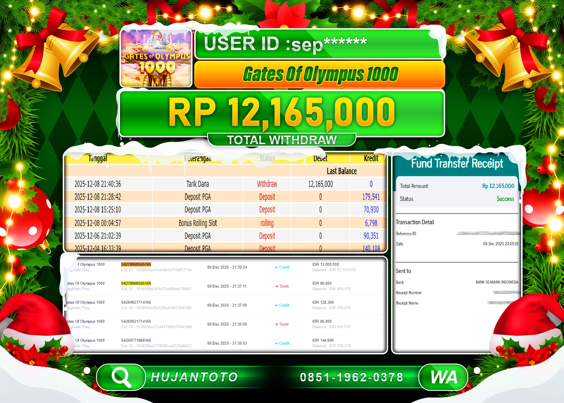 HUJANTOTO - BUKTI JACKPOT MENANG SLOT GATES OF OLYMPUS 1000 Rp.12,165,000 - TERBAYAR LUNAS