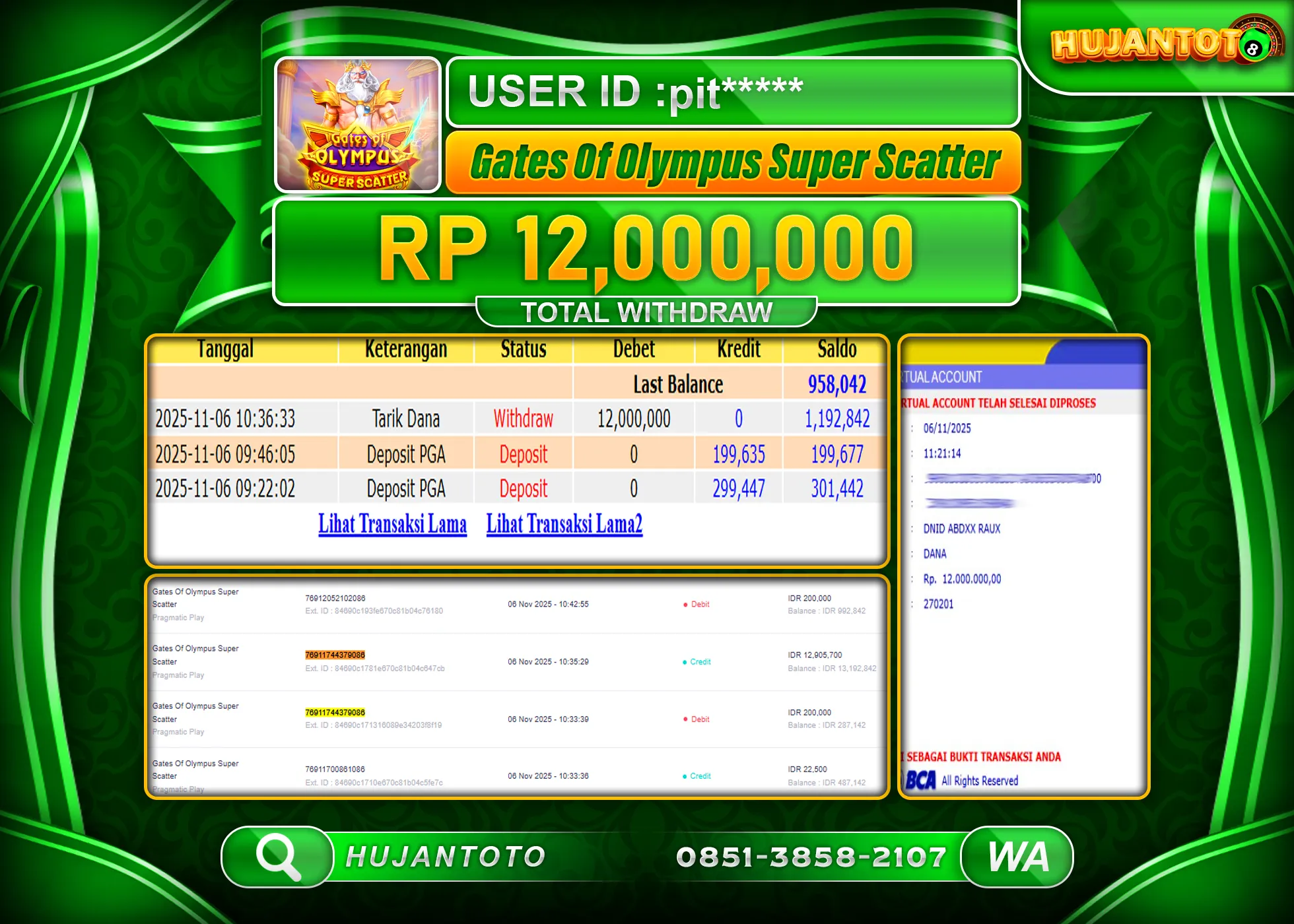 HUJANTOTO - BUKTI JACKPOT MENANG SLOT GATES OF OLYMPUS SUPER SCATTER Rp.12,000,000 - TERBAYAR LUNAS