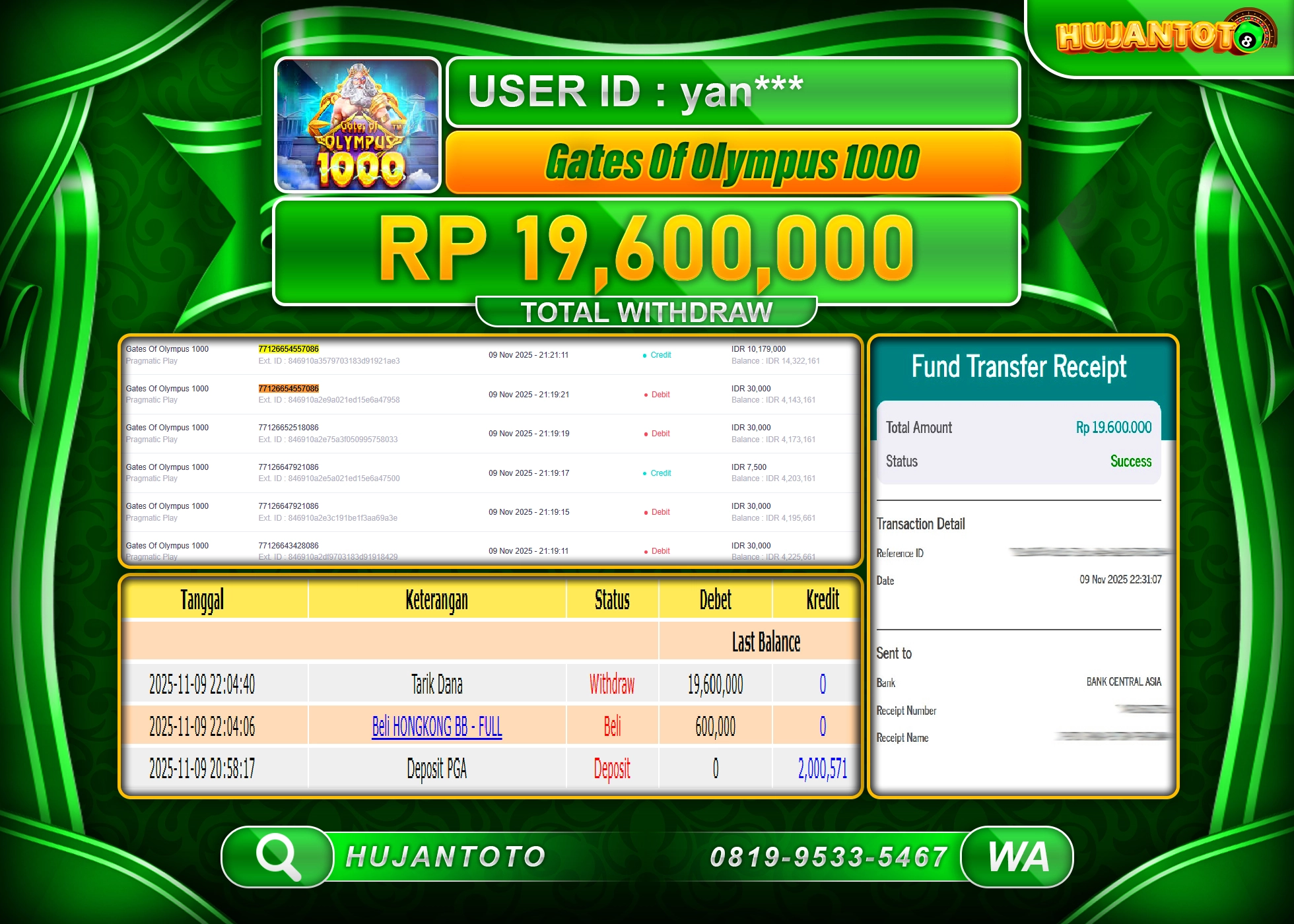 HUJANTOTO - BUKTI JACKPOT MENANG SLOT GATES OF OLYMPUS 1000 Rp.19,600,000 - TERBAYAR LUNAS
