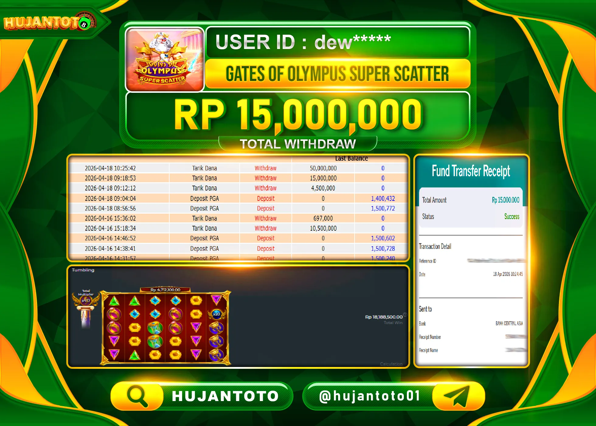 HUJANTOTO - BUKTI JACKPOT MENANG SLOT GATES OF OLYMPUS SUPER SCATTER Rp.15,000,000 - TERBAYAR LUNAS