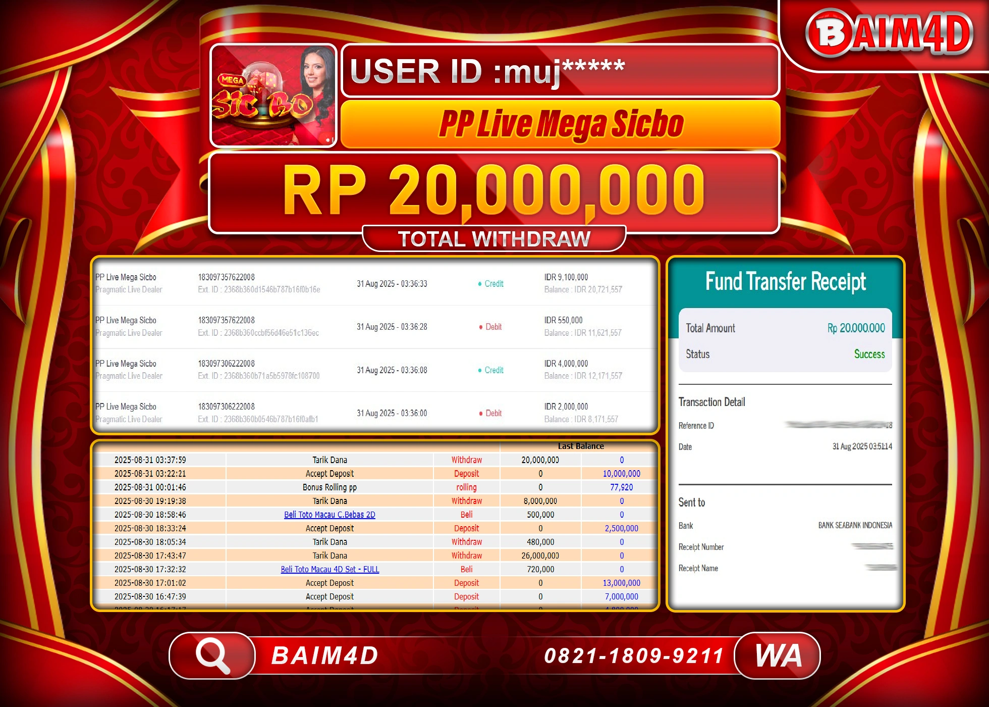 BAIM4D JACKPOT LIVE PRAGMATIC MEGA SICBO Rp.20,000,000.- LUNAS