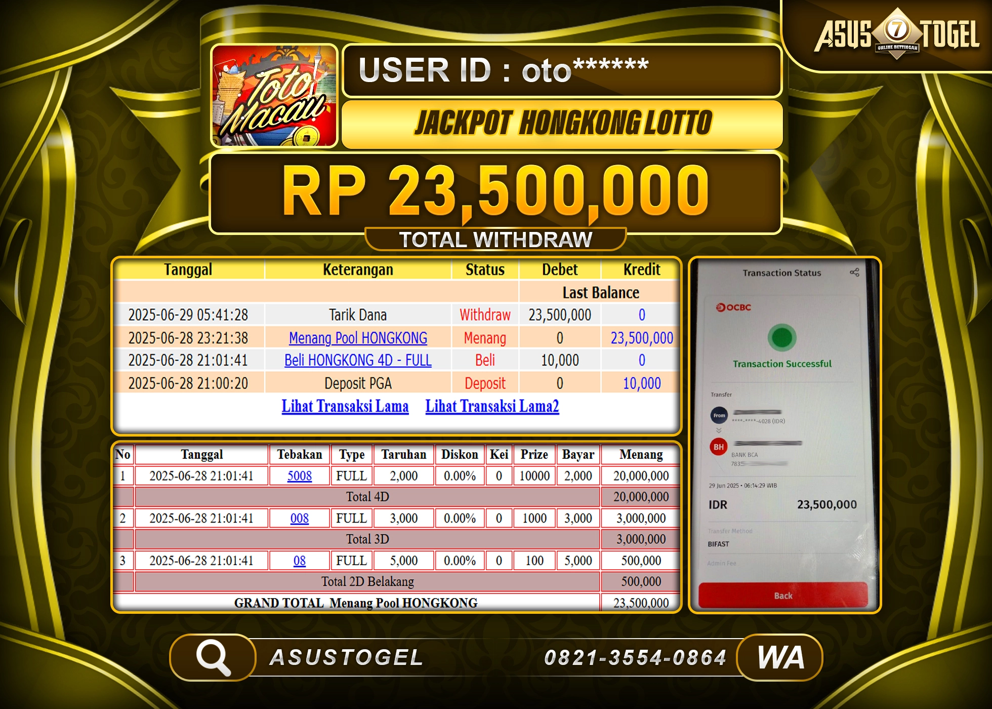 ASUSTOGEL KEMENANGAN DI TOGEL HONGKONG LOTTO SEBESAR 23,500,000- RUPIAH LUNAS