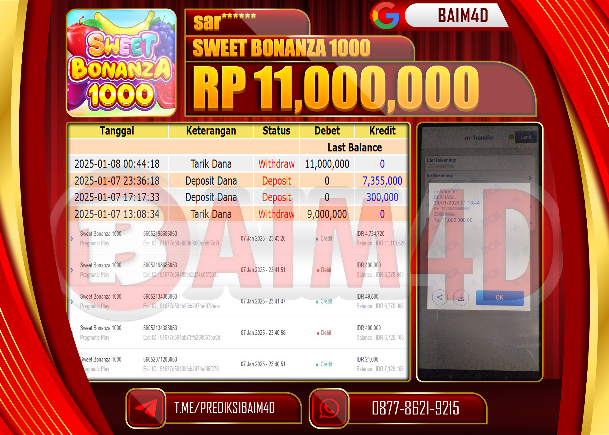 BAIM4D JACKPOT Menang SLOT SWEET BONANZA 1000 Rp.11,000,000.- LUNAS