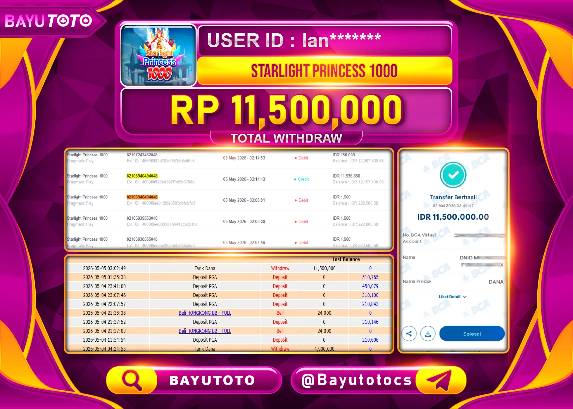 SELAMAT MEMBER SETIA BAYUTOTO JACKPOT DI SLOT STARLIGHT PRINCESS 1000 Rp. 11,500,000 LUNAS