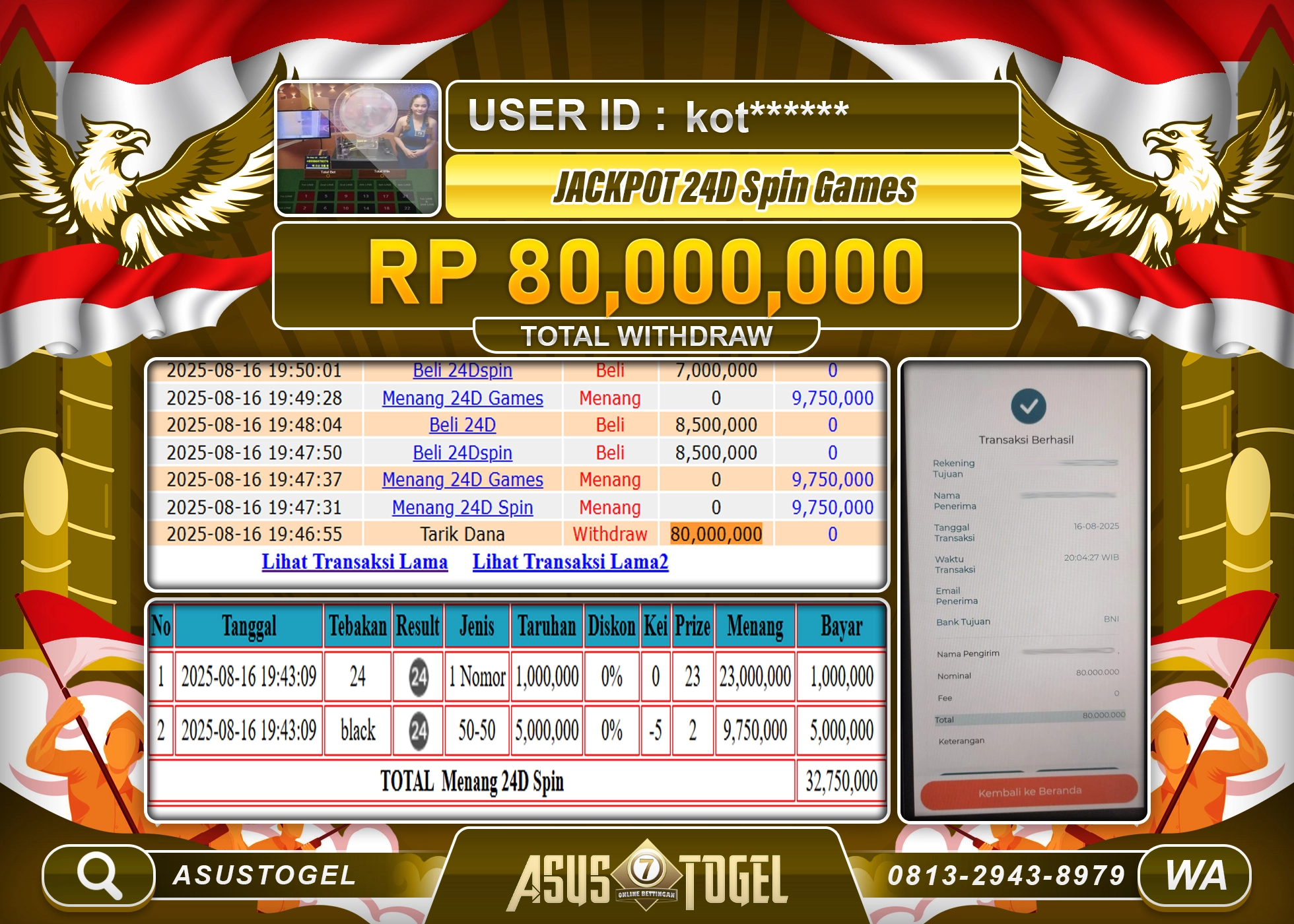 ASUSTOGEL KEMENANGAN DI LIVE GAMES 24D SPIN SEBESAR 80,000,000- RUPIAH LUNAS