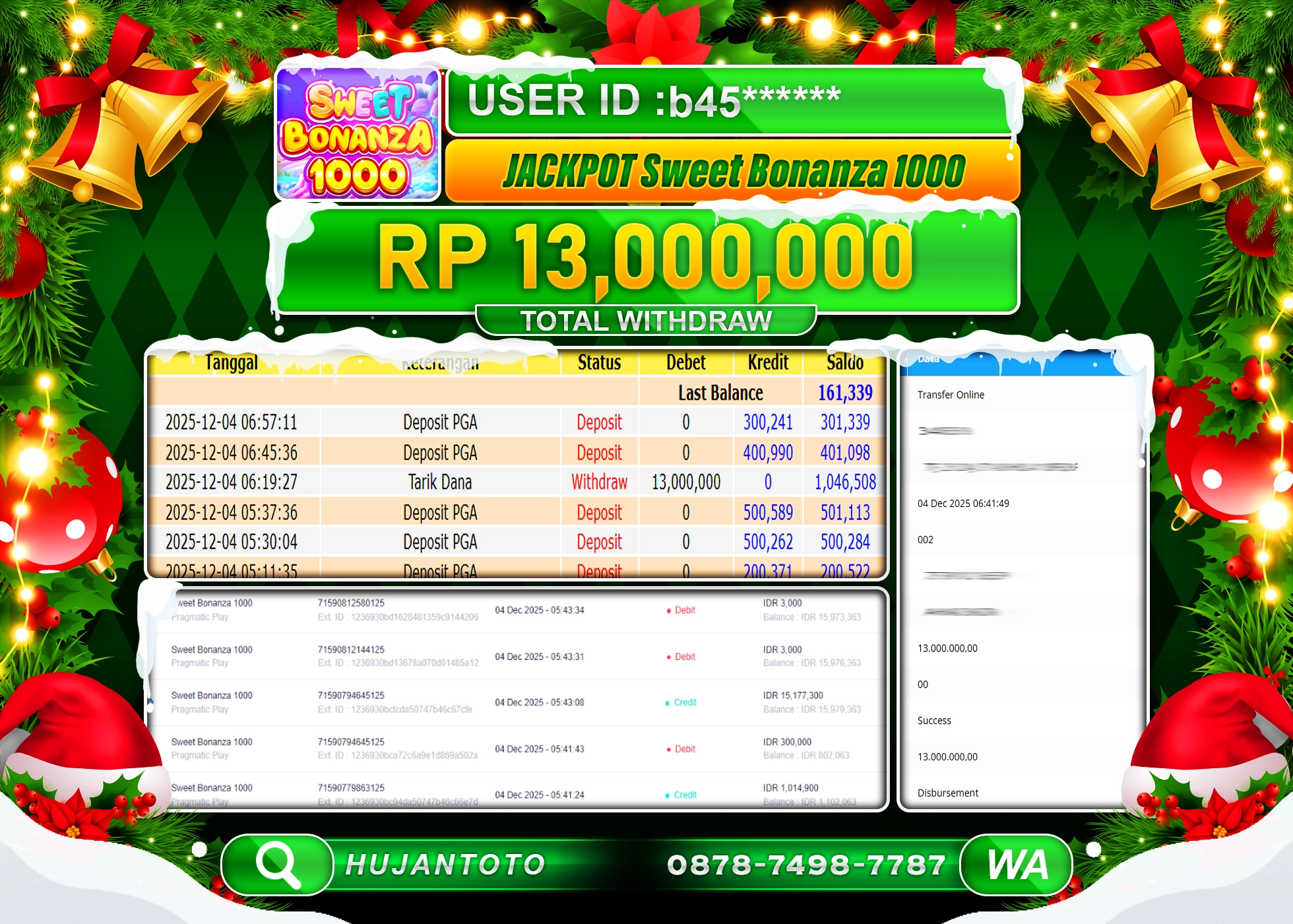 HUJANTOTO - BUKTI JACKPOT MENANG SWEET BONANZA 1000 Rp.13,000,000 - TERBAYAR LUNAS