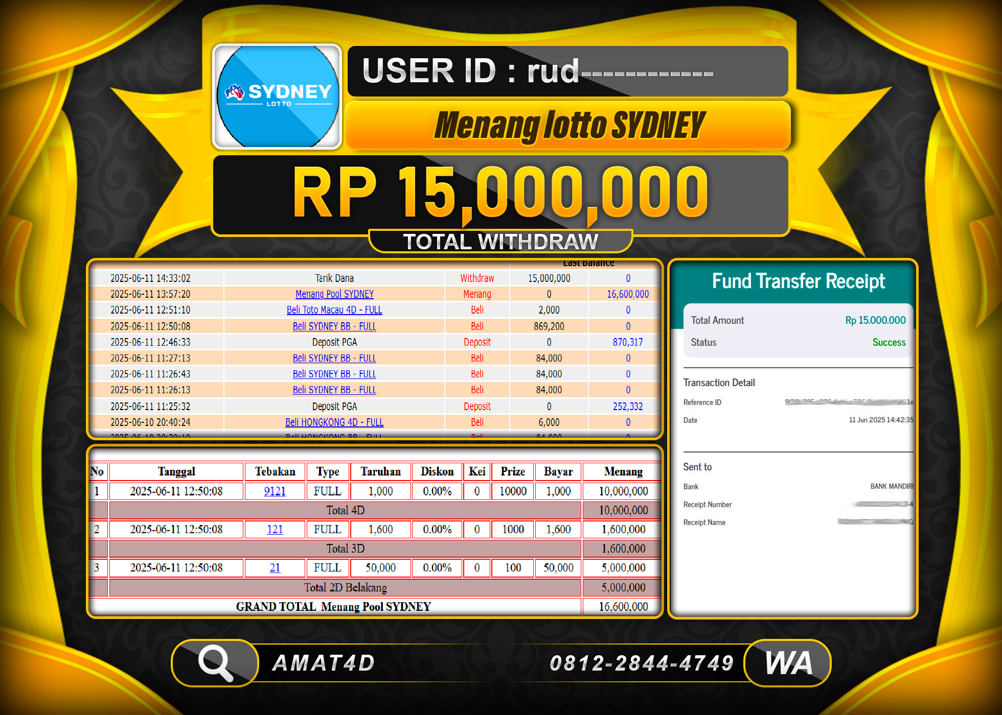 AMAT4D KEMENANGAN PASARAN SYDNEY LOTTO Rp.15.000.000 BERHASIL TERBAYAR LUNAS