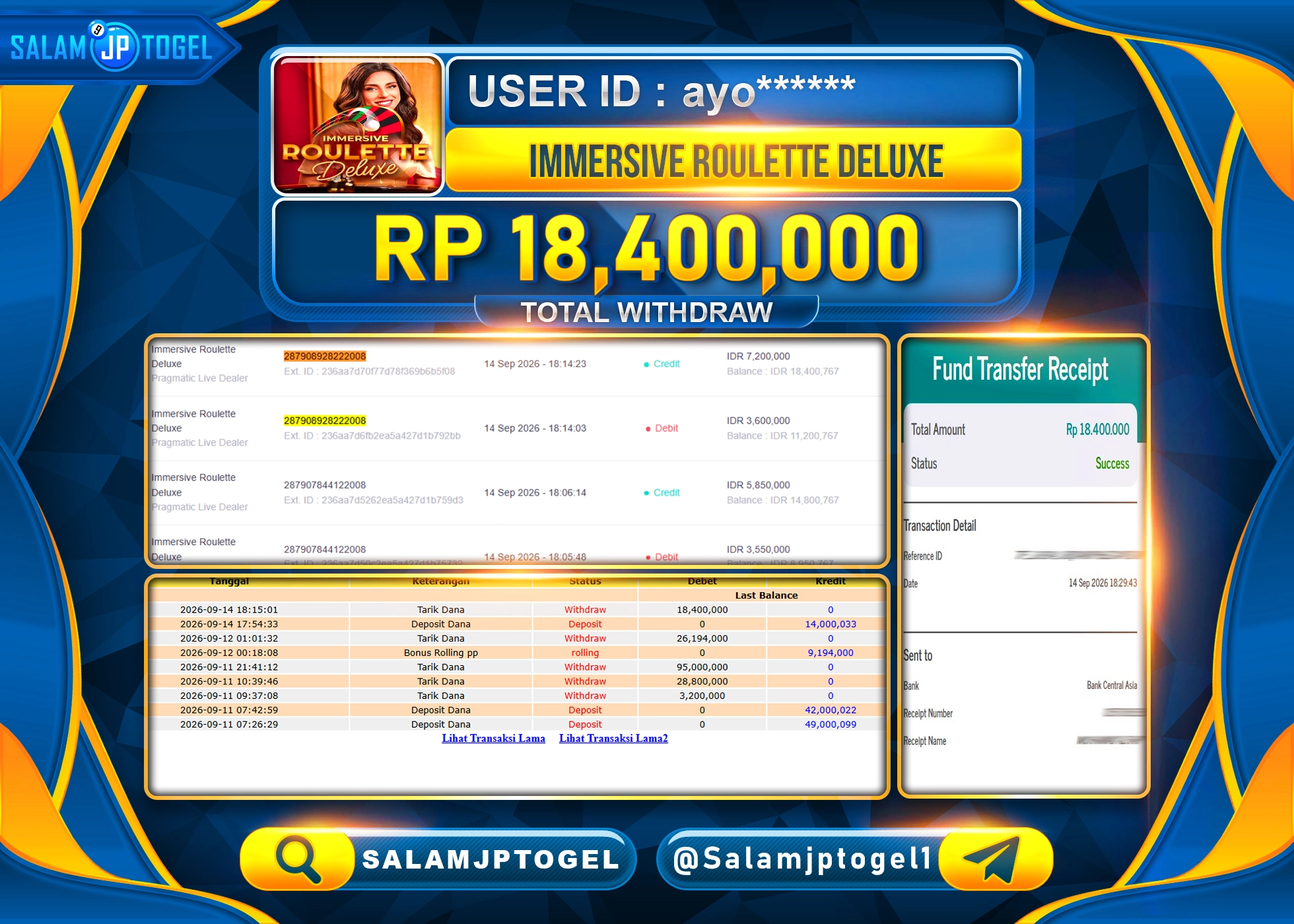 SALAMJPTOGEL JACKPOT MENANG IMMERSIVE ROULETTE DELUXE Rp.18,400,000 - LUNAS