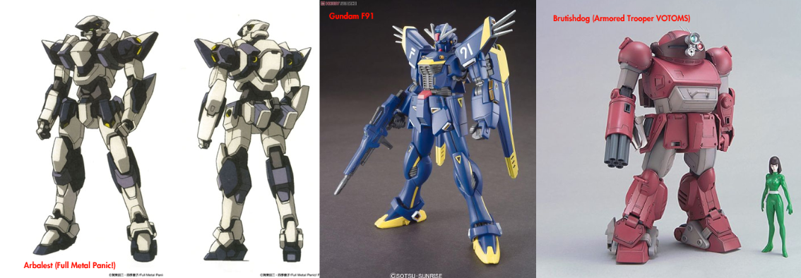 The Arbalest, the Gundam F91 and the Brutishdog from Full Metal Panic!, Gundam F91 and Armored Trooper VOTOMS respectively