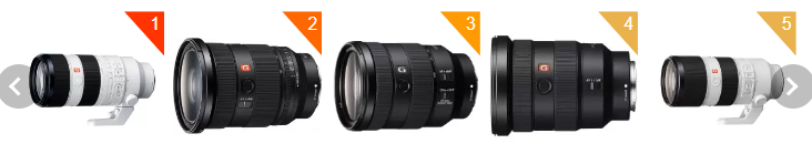 「ソニー G Master レンズ」の人気ランキングとして、望遠ズーム、標準ズーム、広角ズームなど、白や黒の鏡胴を持つ5種類の高性能レンズが順位順に並んでいる。
