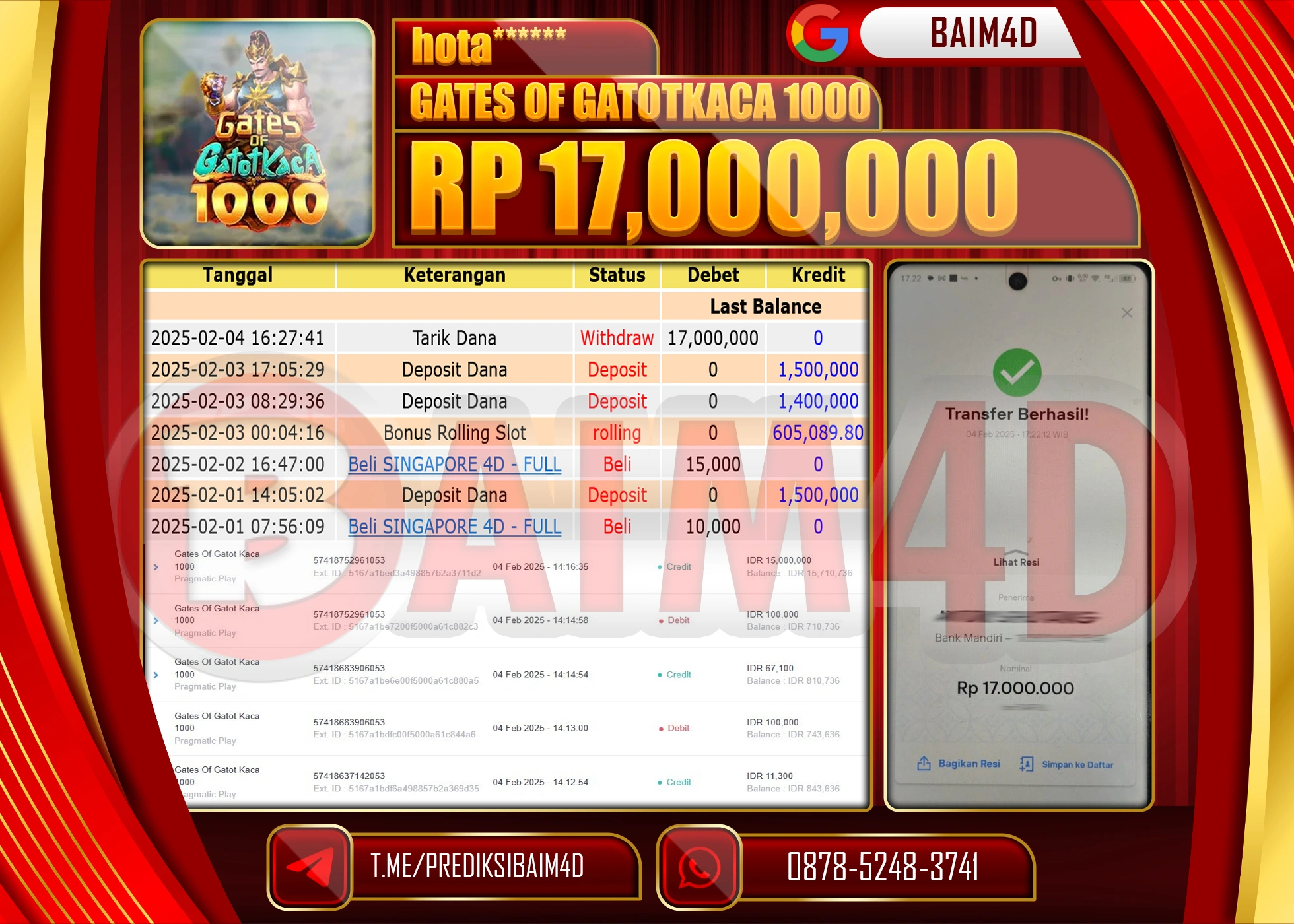 BAIM4D JACKPOT MENANG GATES OF GATOTKACA 1000  Rp.17.000,000.- LUNAS