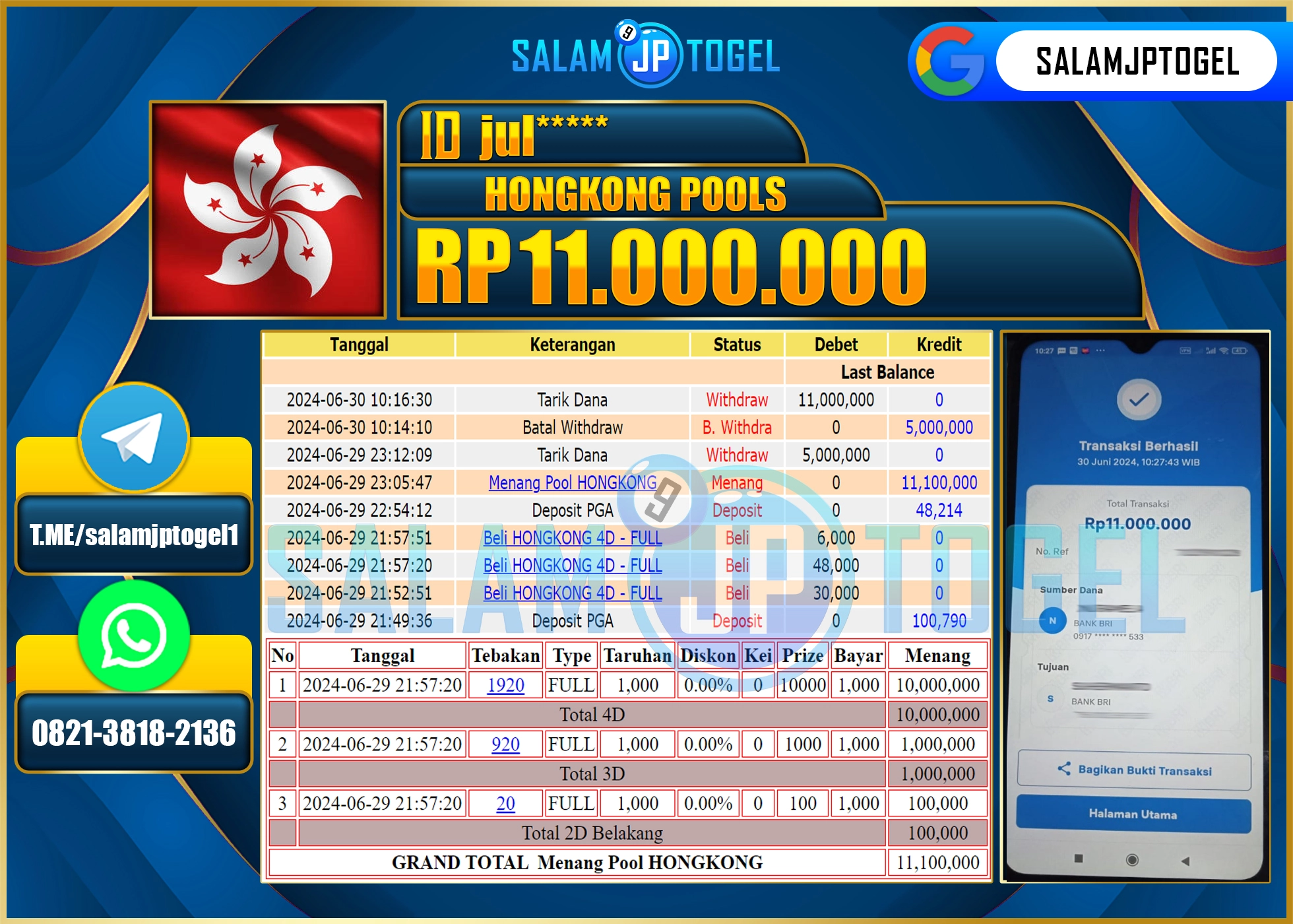 SALAMJPTOGEL MENANG HONGKONG POOLS RP. 11,000,000.,LUNAS