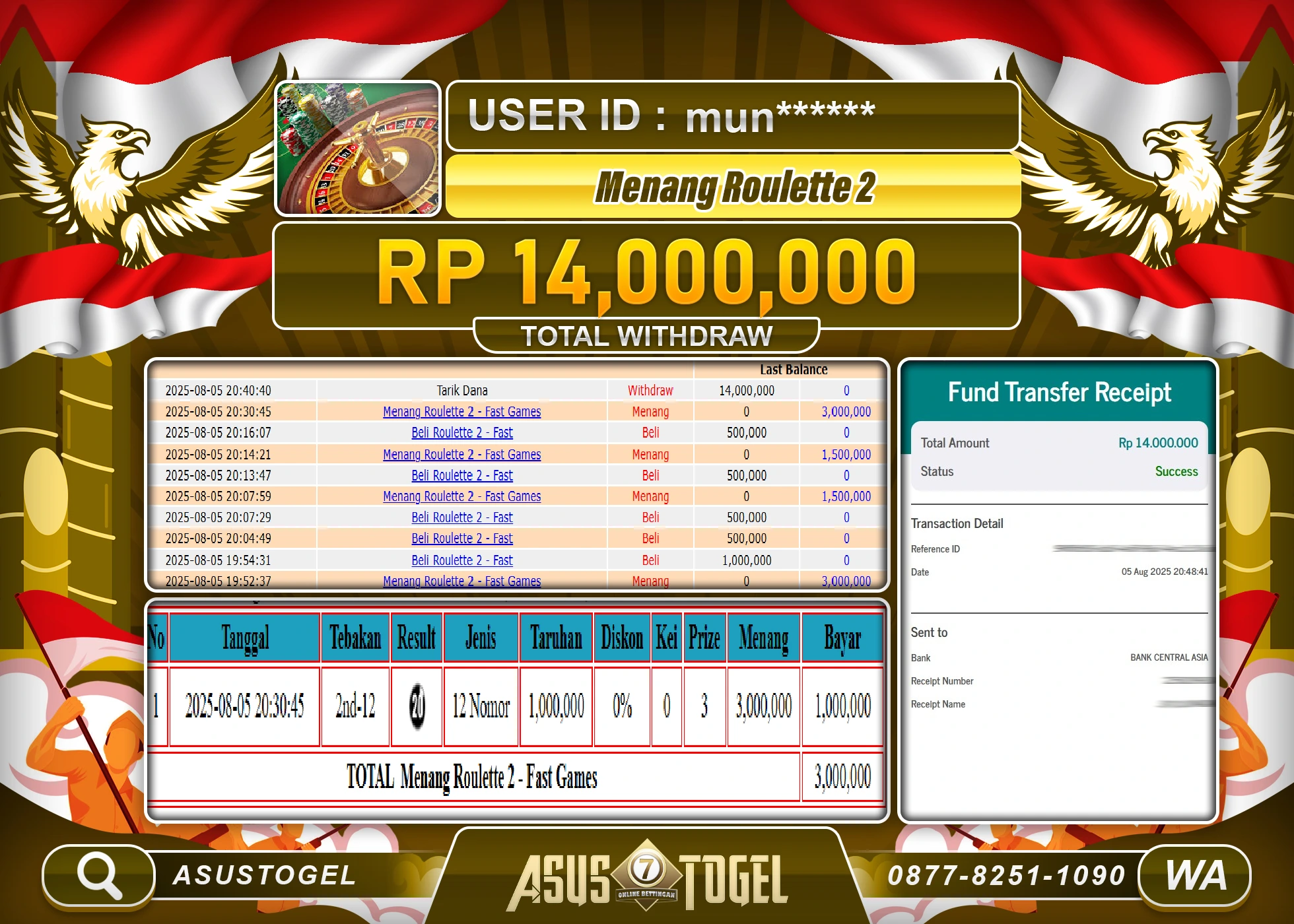 ASUSTOGEL KEMENANGAN DI LIVEGAME ROULETTE 2 SEBESAR 14,000,000- RUPIAH LUNAS
