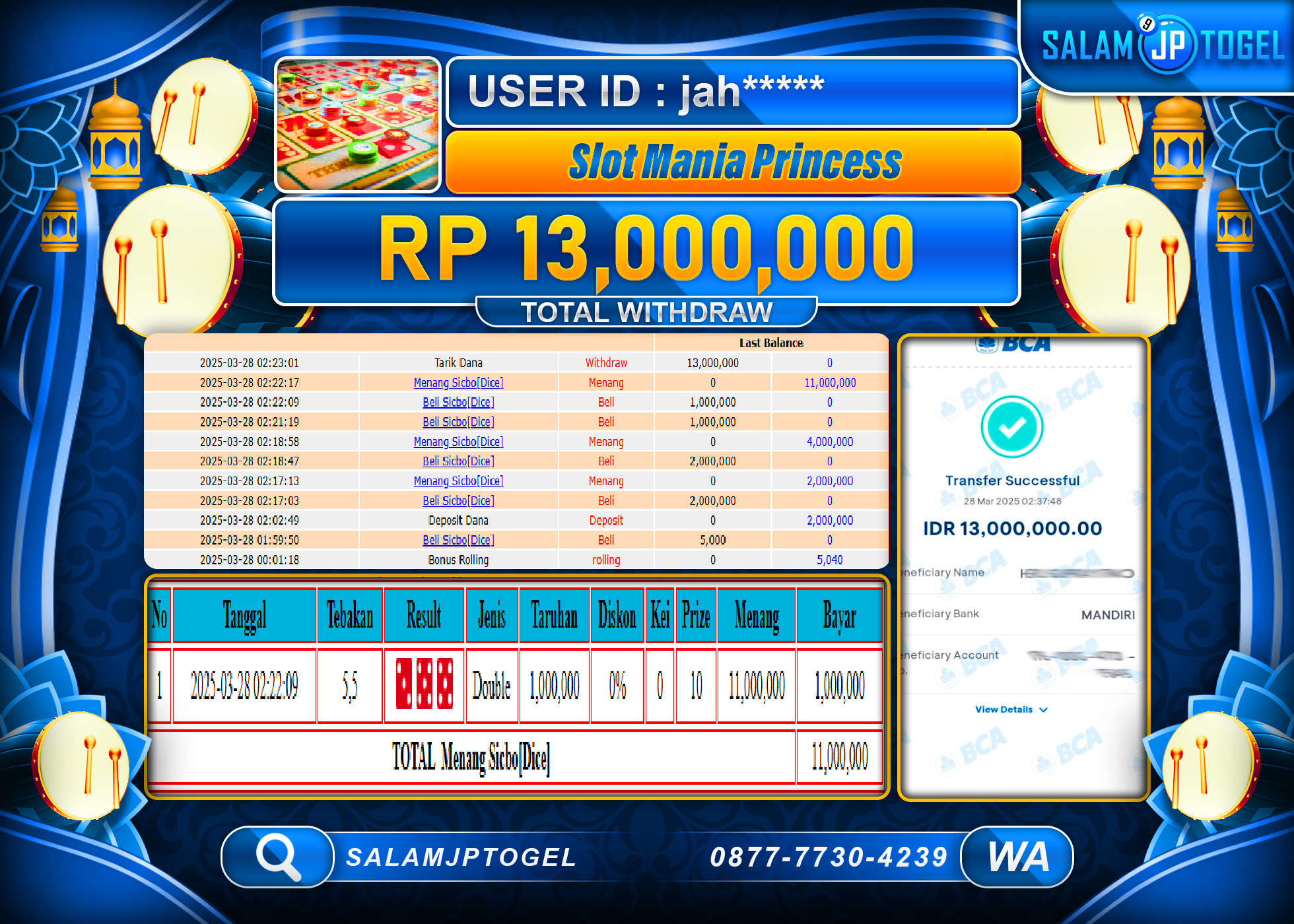 SALAMJPTOGEL MENANG SLOT MANIA PRINCESS  Rp. 13,000,000 LUNAS
