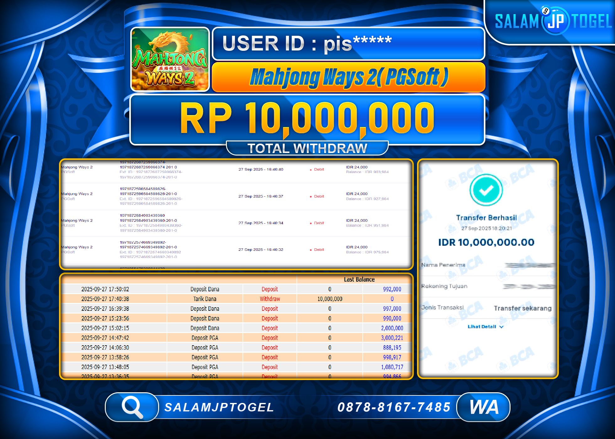 SALAMJPTOGEL MENANG MAHJONG WAYS 2 PG SOFT RP. 10,000,000, - LUNAS