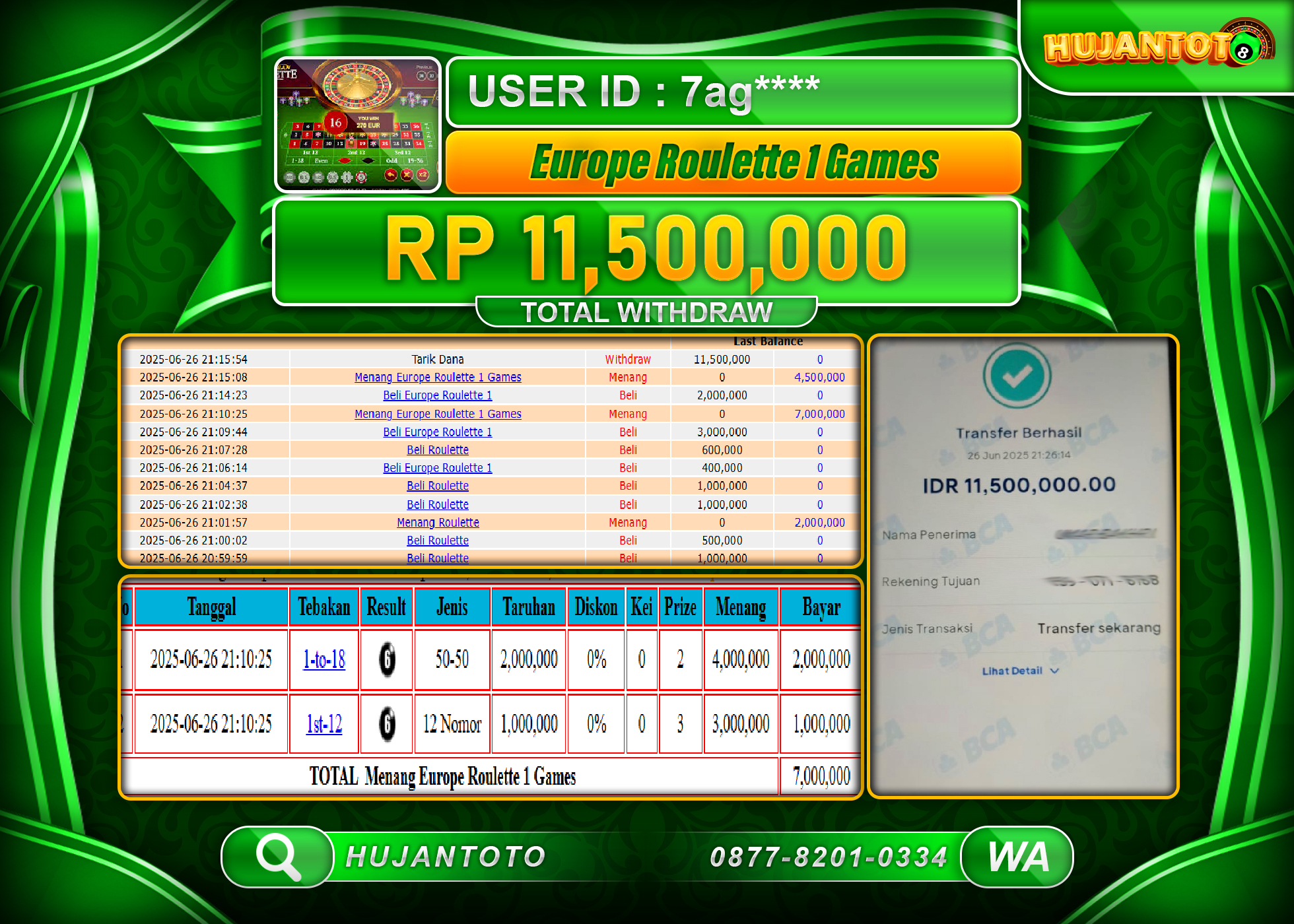 HUJANTOTO - BUKTI JACKPOT MENANG LIVEGAME ROULETTE GAMES Rp.11,500,000 - TERBAYAR LUNAS