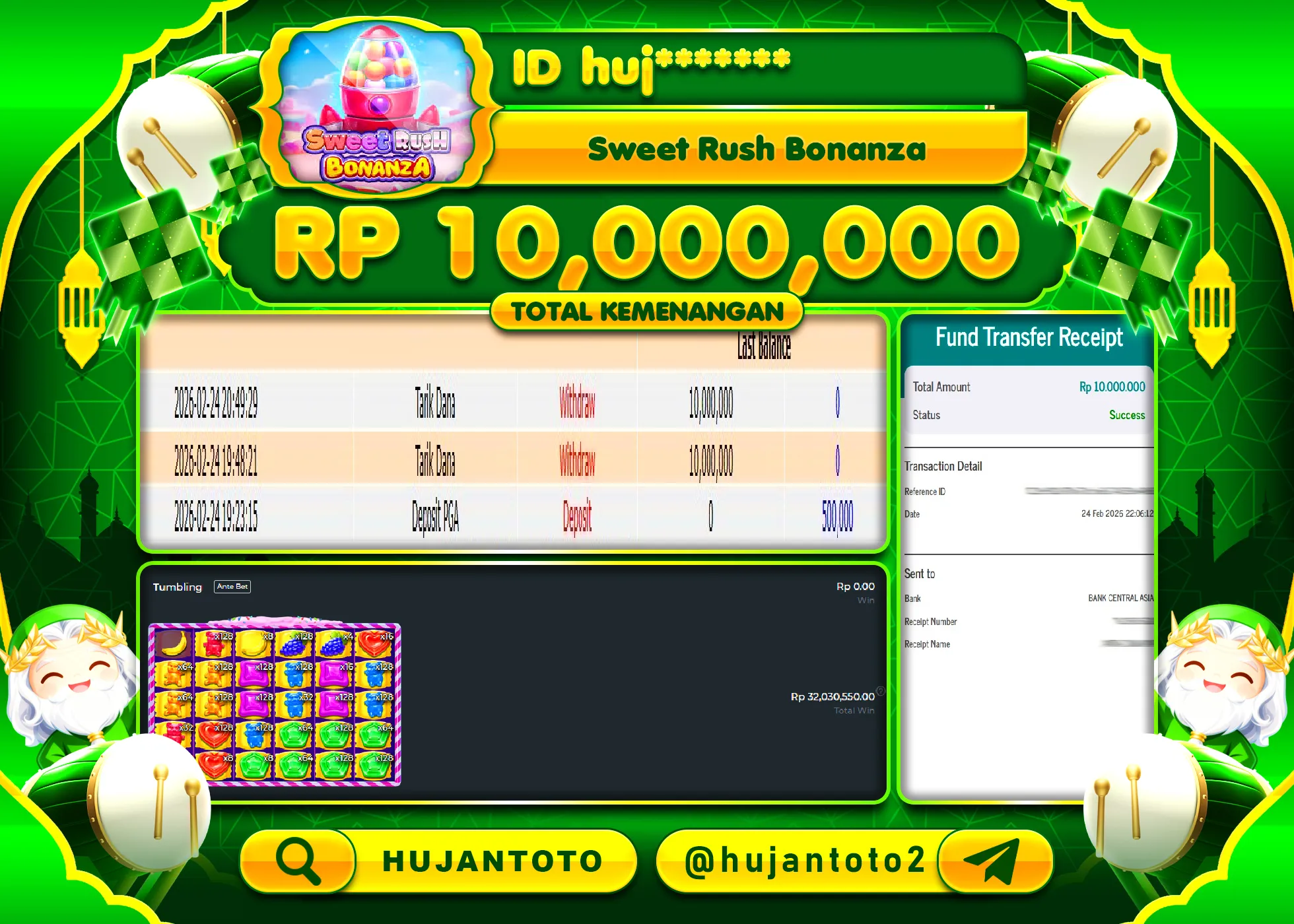 HUJANTOTO - BUKTI JACKPOT MENANG SLOT SWEET RUSH BONANZA Rp.10,000,000 - TERBAYAR LUNAS