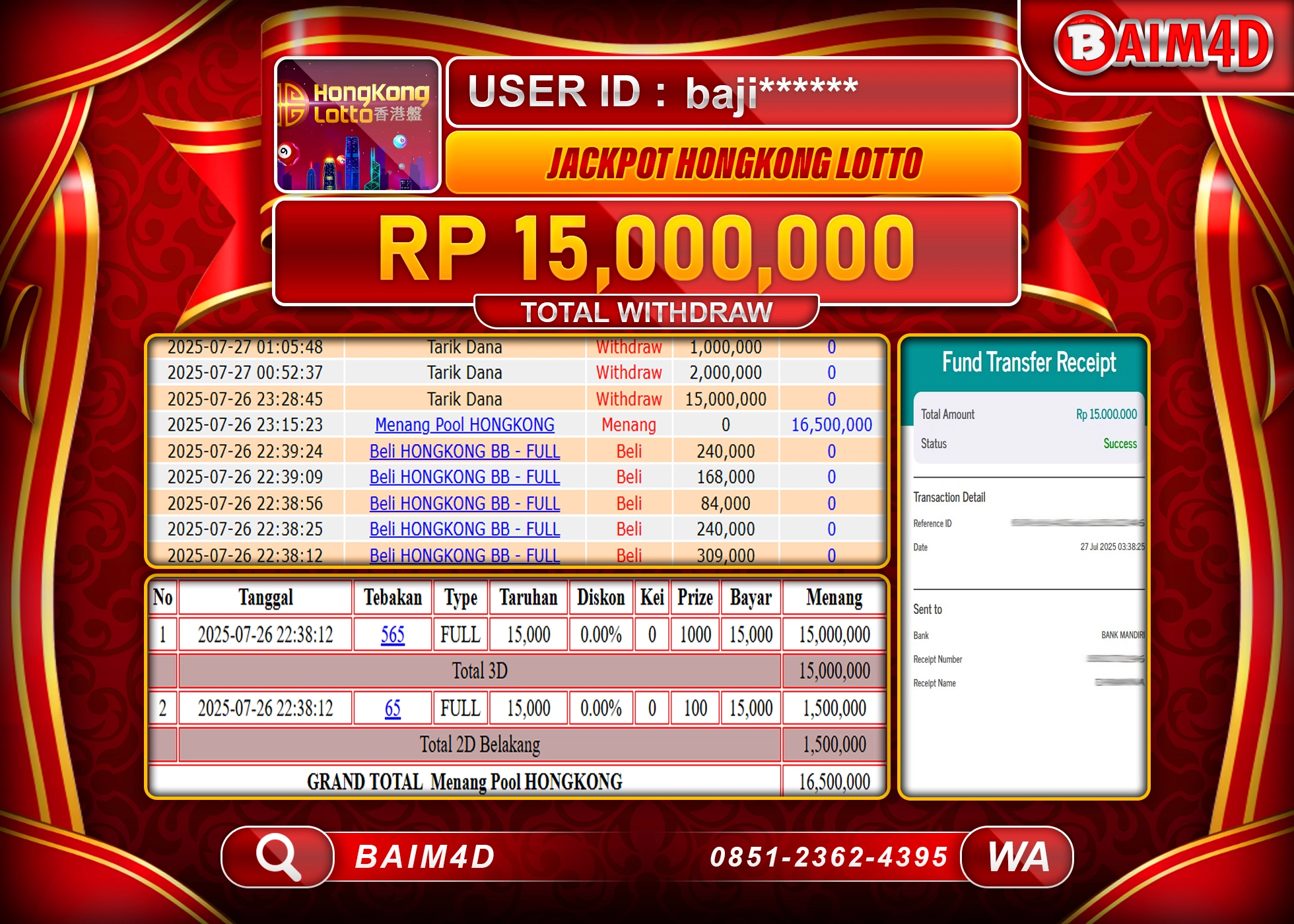 BAIM4D JACKPOT TOGEL HONGKONG LOTTO GAMES Rp.15,000,000.- LUNAS