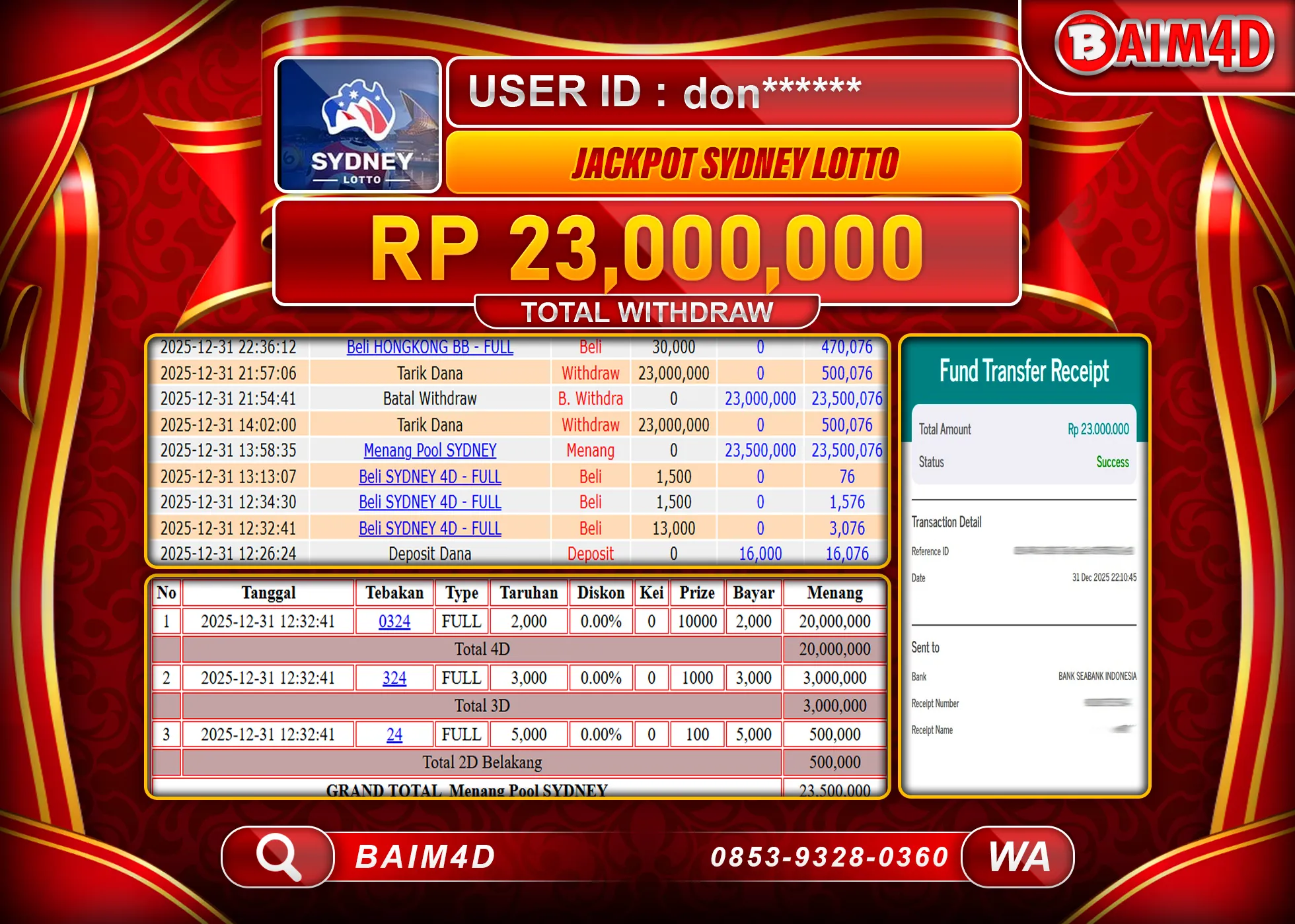 BAIM4D JACKPOT TOGEL SYDNEY LOTTO Rp.23,000,000 - LUNAS