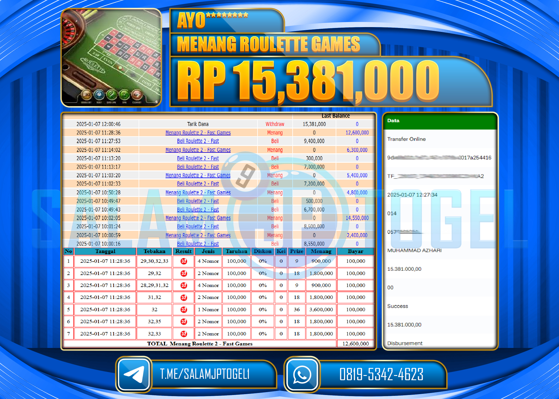 SALAMJPTOGEL MENANG ROULETTE GAMES Rp.15,381,000 LUNAS