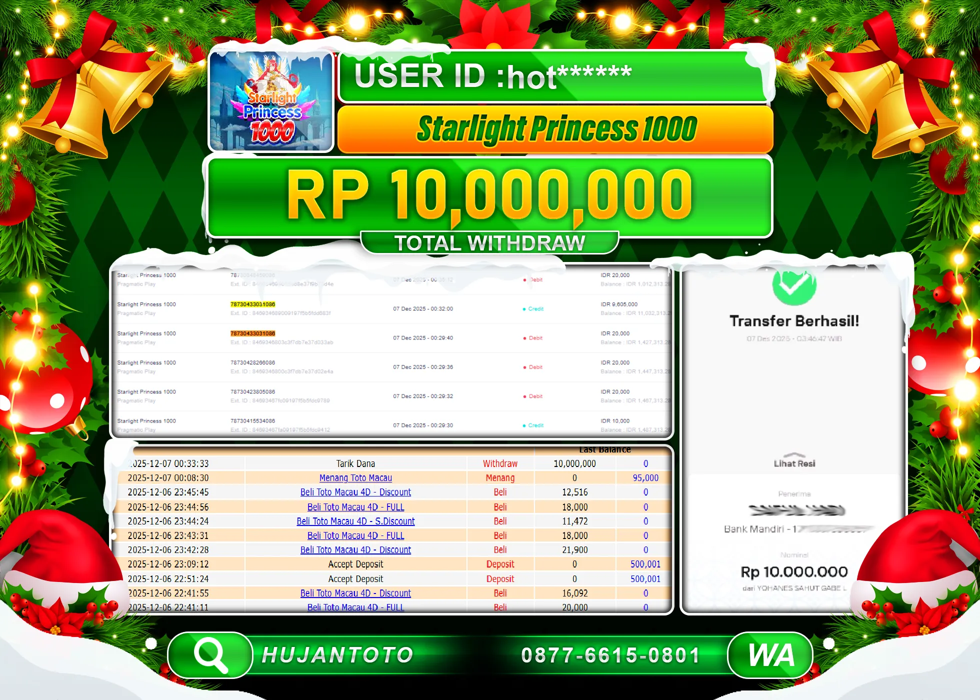 HUJANTOTO - BUKTI JACKPOT MENANG SLOT Starlight Princess 1000 Rp.10,000,000 - TERBAYAR LUNAS