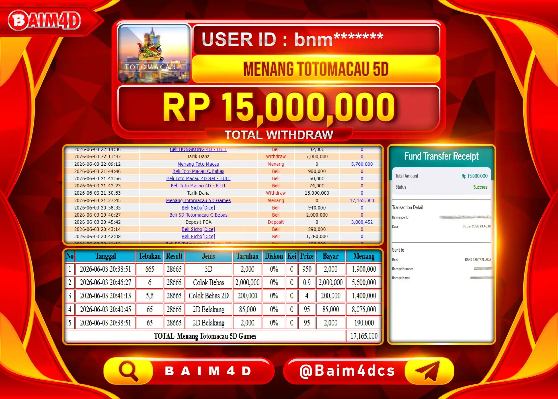 BAIM4D JACKPOT TOGEL PASARAN TOTOMACAU5D Rp.15,000,000 - LUNAS