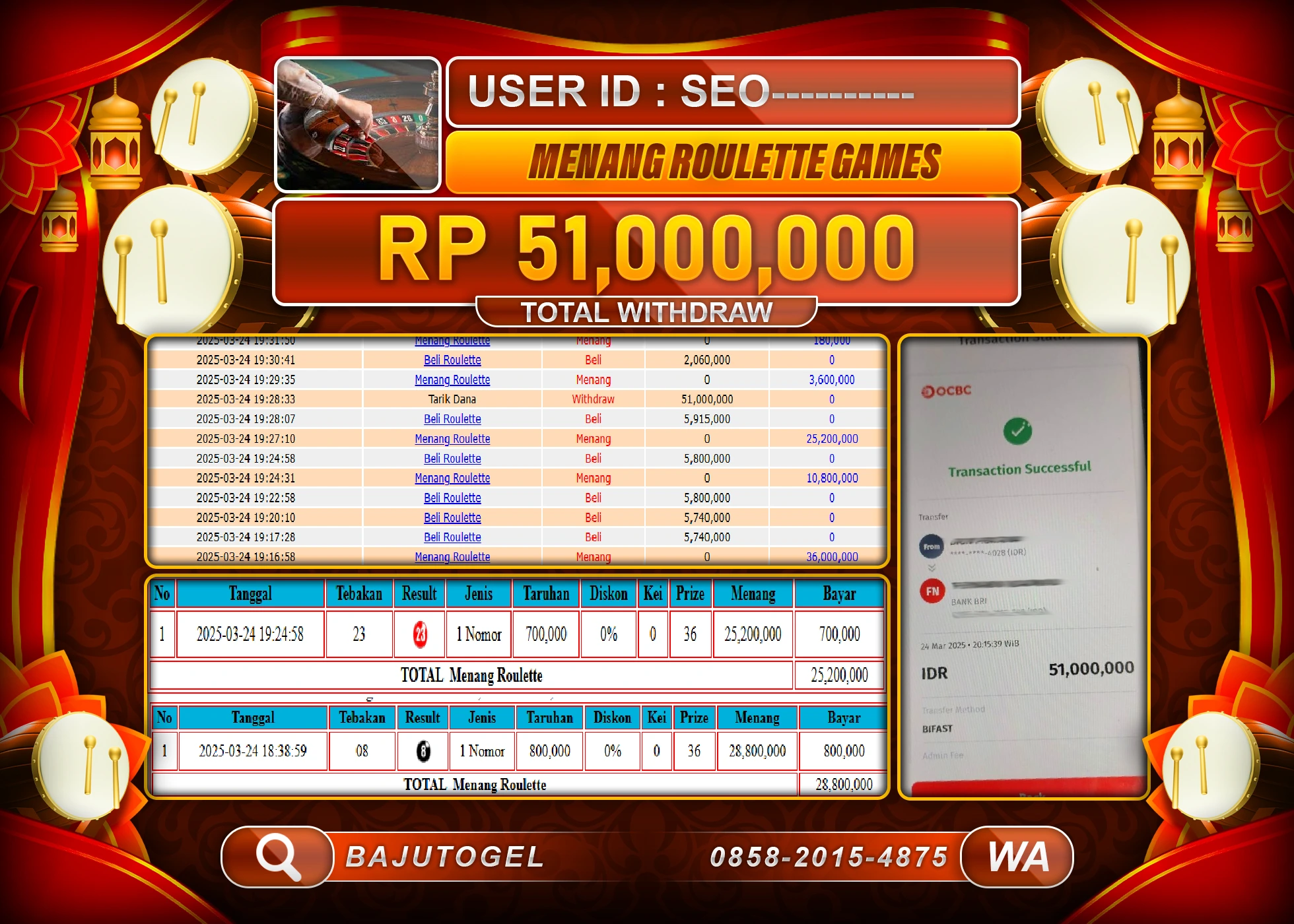 BAIM4D MENANG ROULETTE  GAMES Rp.51.000,000.- LUNAS