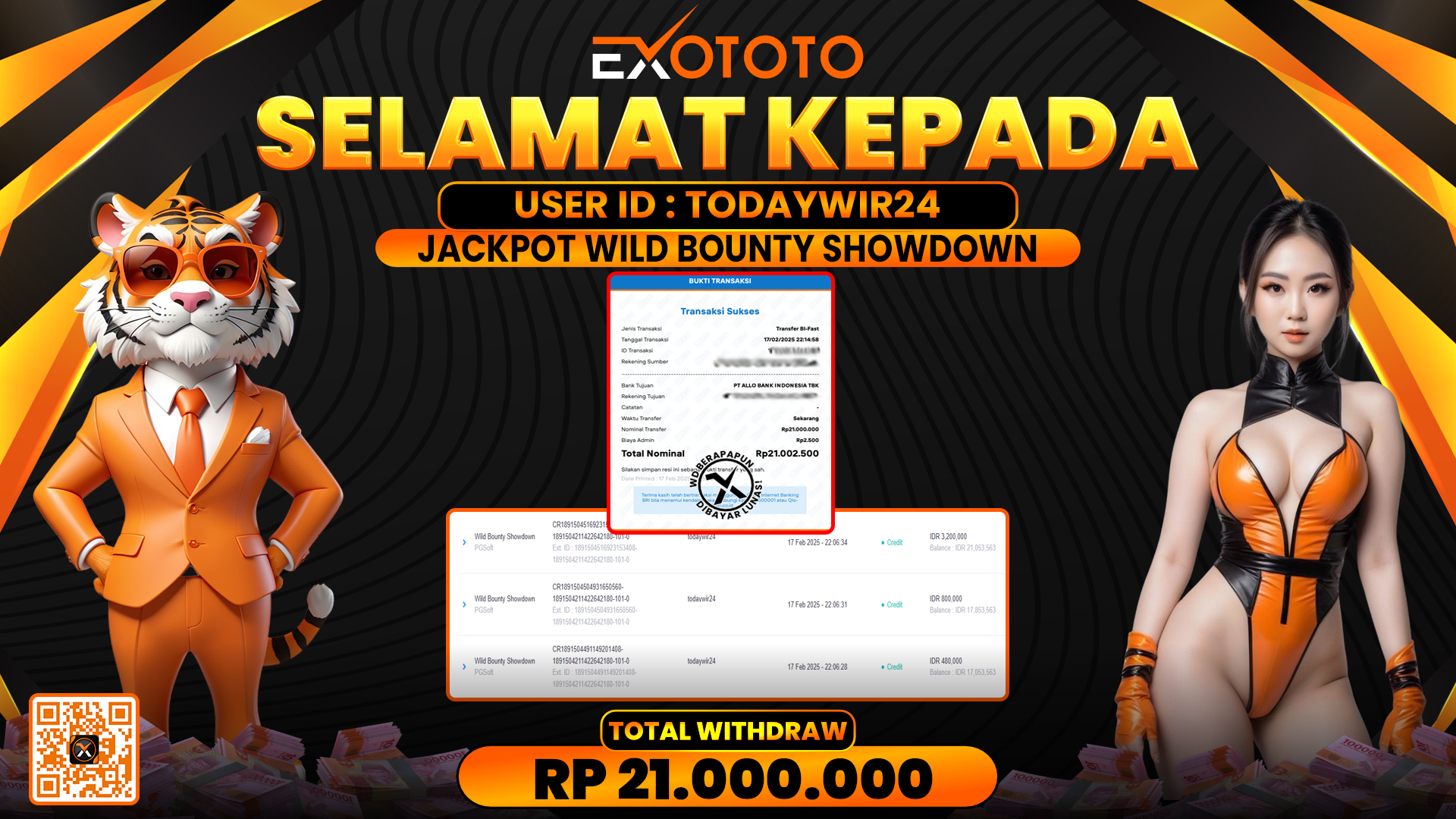 EXOTOTO JACKPOT DI SLOT WILD BOUNTY SHOWDOWN RP. 21.000.000,- LUNAS