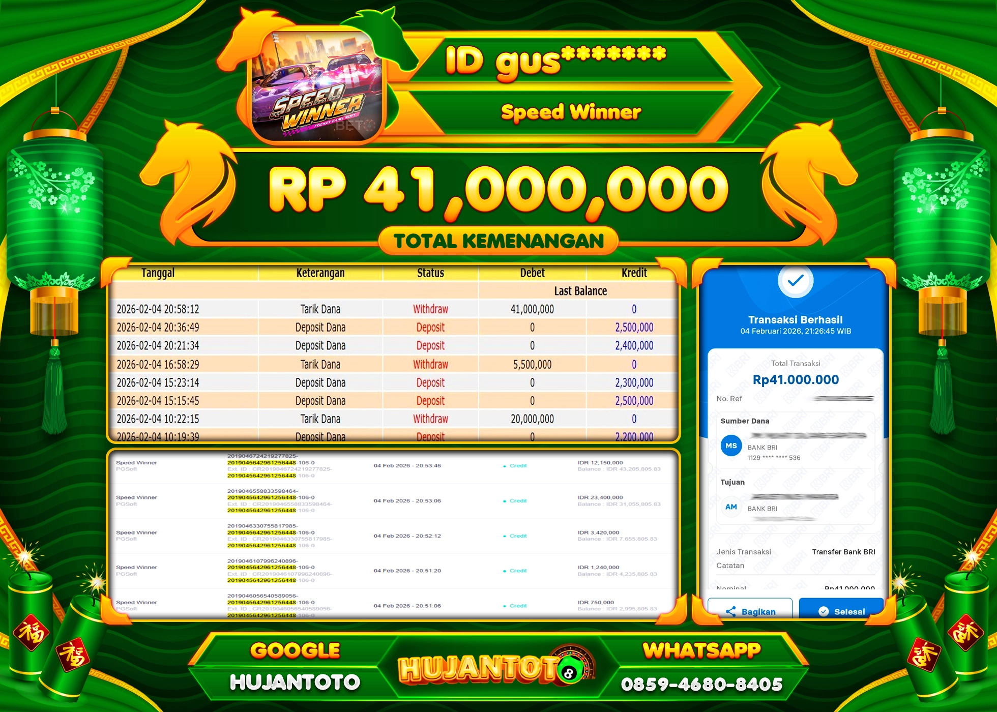 HUJANTOTO - BUKTI JACKPOT MENANG SLOT SPEED WINNER Rp.41,000,000 - TERBAYAR LUNAS