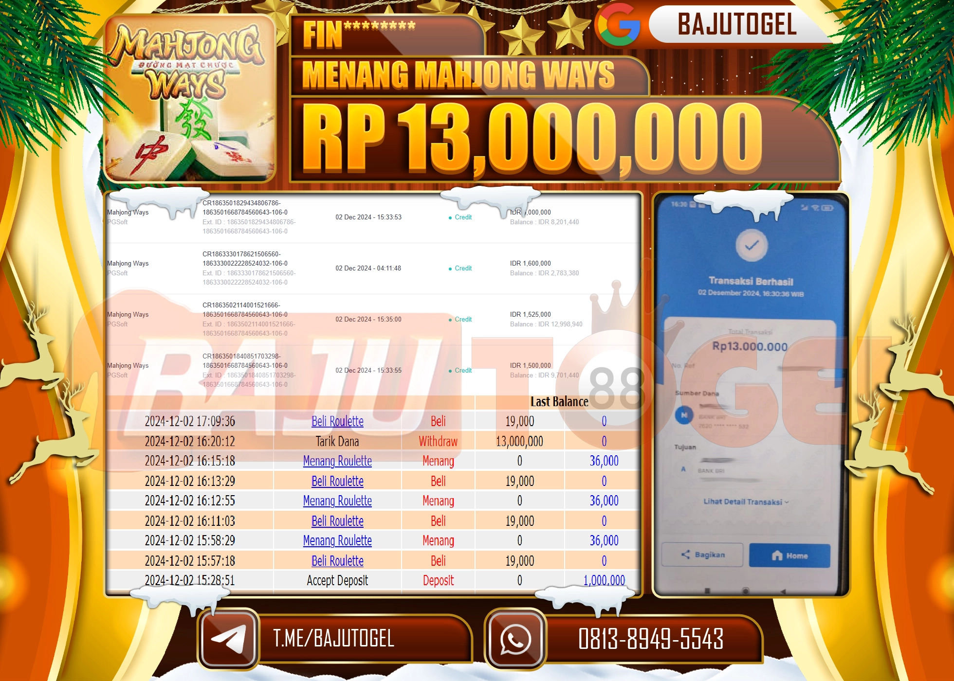 BAJUTOGEL JACKPOT PGSOFT MAHJONG WAYS Rp.13.000.000 LUNAS