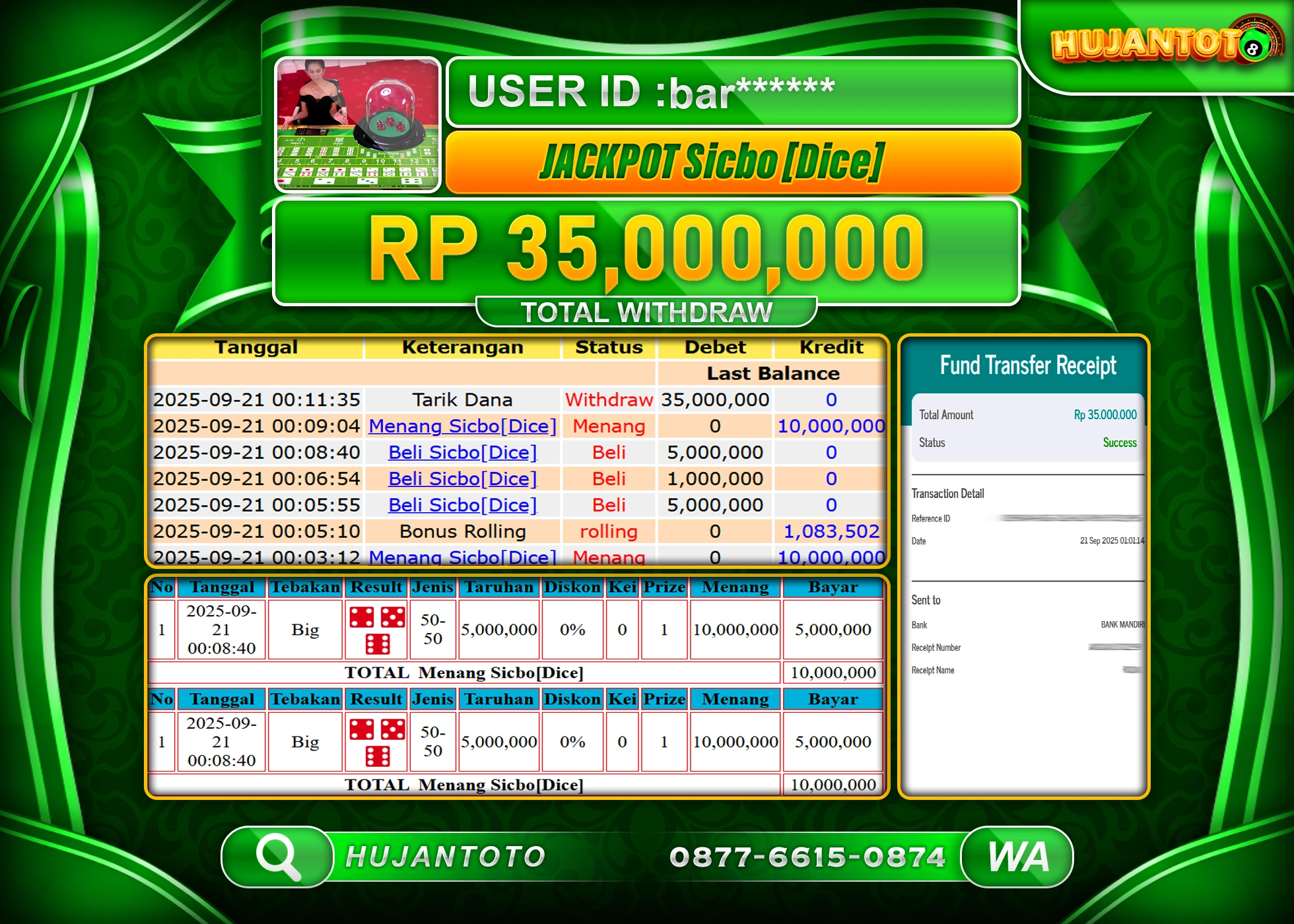 HUJANTOTO - BUKTI JACKPOT MENANG LIVE GAMES SICBO (DICE) Rp.35,000,000 - TERBAYAR LUNAS