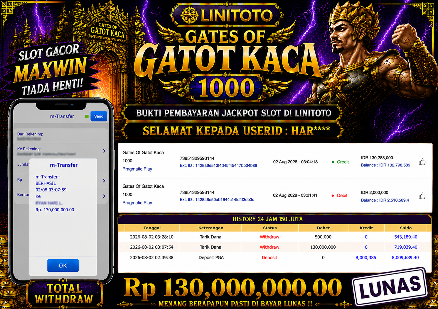 LINITOTO JACKPOT SLOT Gates Of Gatot Kaca 1000 Rp.130,000,000 - LUNAS