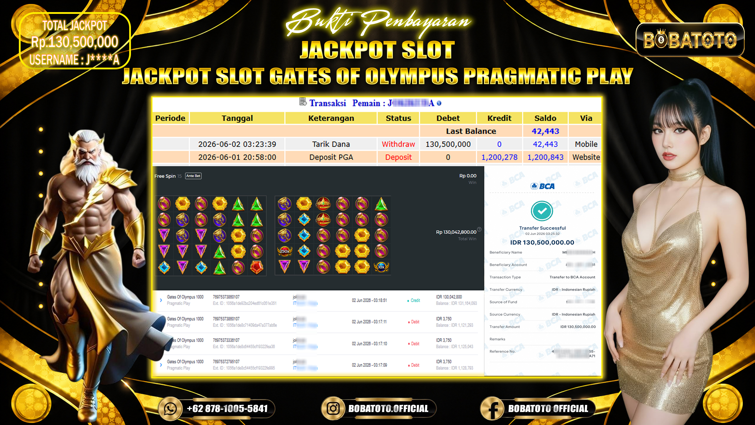 BOBATOTO JACKPOT SLOT GATES OF OLYMPUS 1000 PRAGMATIC Rp.130,500,000,- LUNAS!!! 