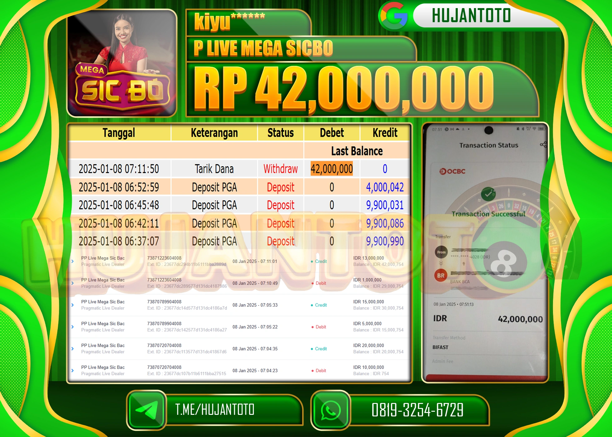 HUJANTOTO - BUKTI JACKPOT DI PERMAINAN LIVE MEGA SICBO Rp,42,000,000   ,- TERBAYAR LUNAS