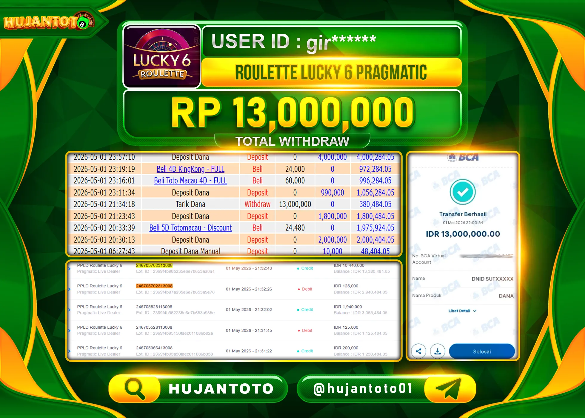 HUJANTOTO - BUKTI JACKPOT MENANG ROULETTE LUCKY 6 PRAGMATIC Rp.13,000,000 - TERBAYAR LUNAS