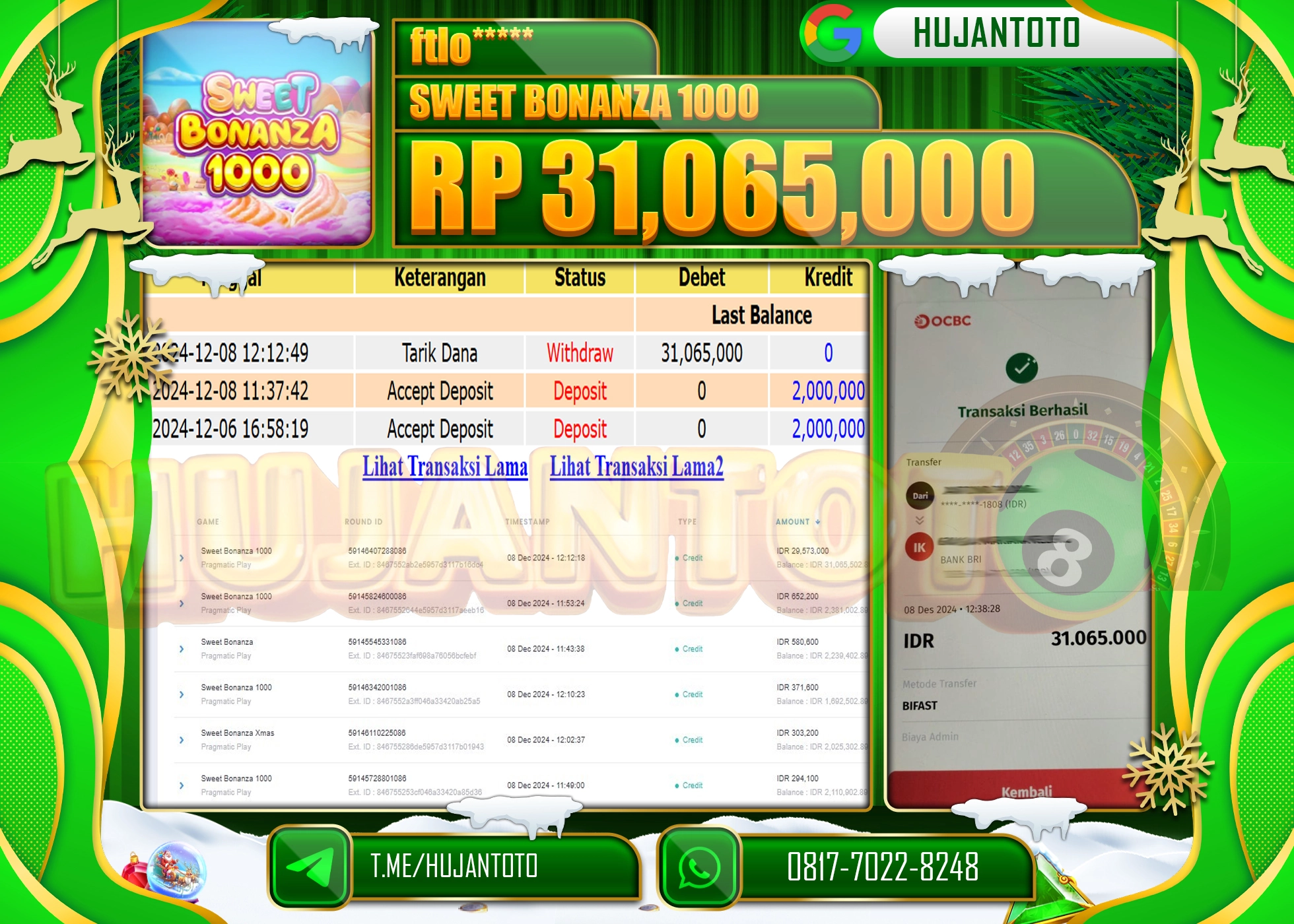 HUJANTOTO ATAS KEMENANGAN BESAR YANG  DI RAIH DI PERMAINAN SLOT SWEET BONANZA 1000- 31,065,000 -TERBAYAR - LUNAS 