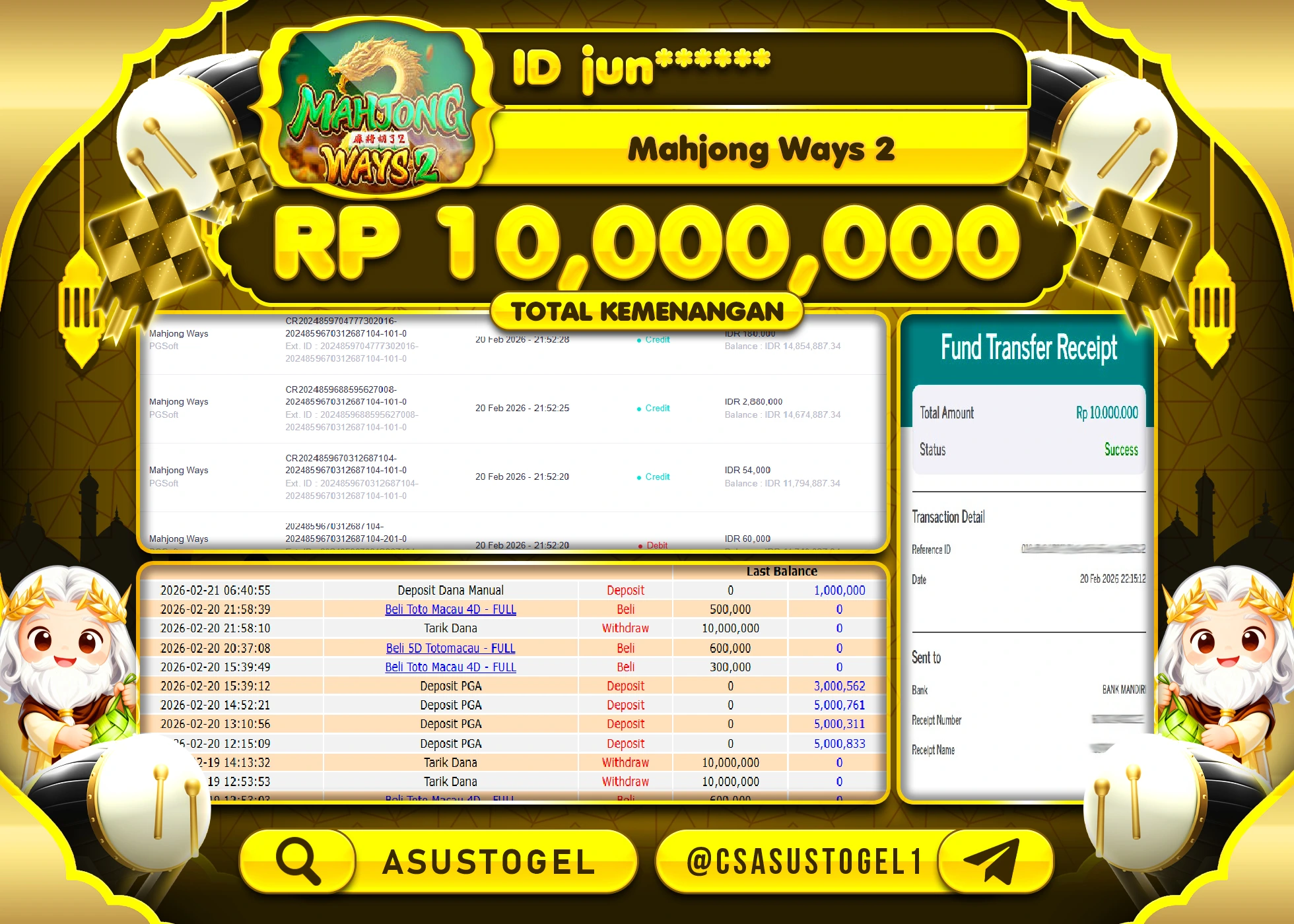 ASUSTOGEL KEMENANGAN DI SLOT MAHJONG WAYS 2 PGSOFT SEBESAR 10,000,000 - RUPIAH LUNAS