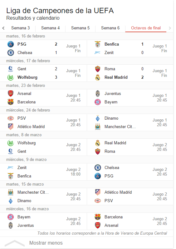 Quiniela octavos Champions League