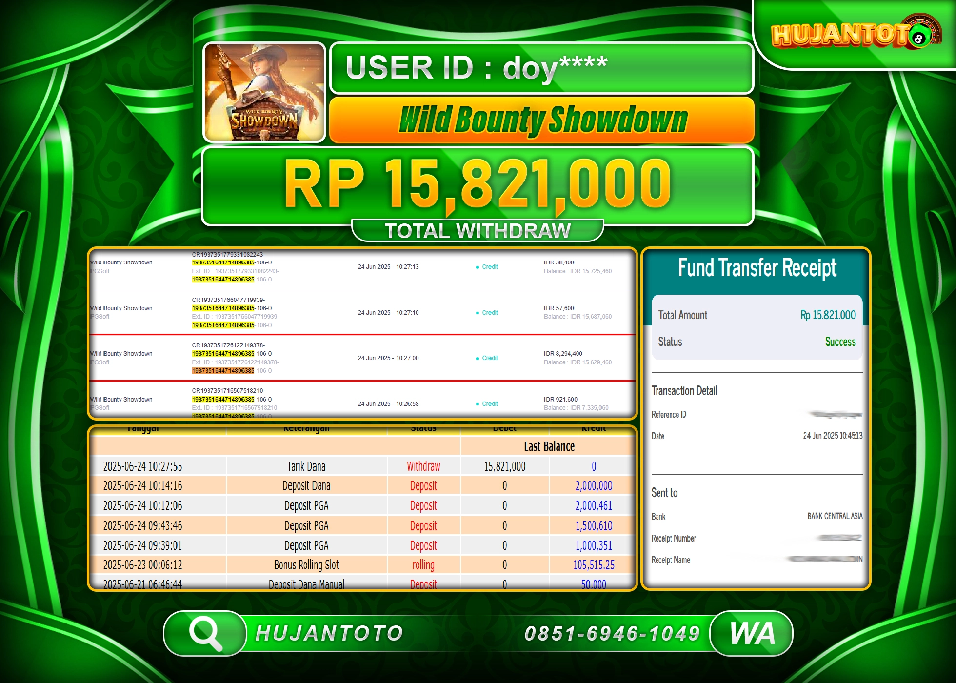 HUJANTOTO - BUKTI JACKPOT MENANG SLOT WILD BOUNTY SHOWDOWN Rp.15,821,000 - TERBAYAR LUNAS