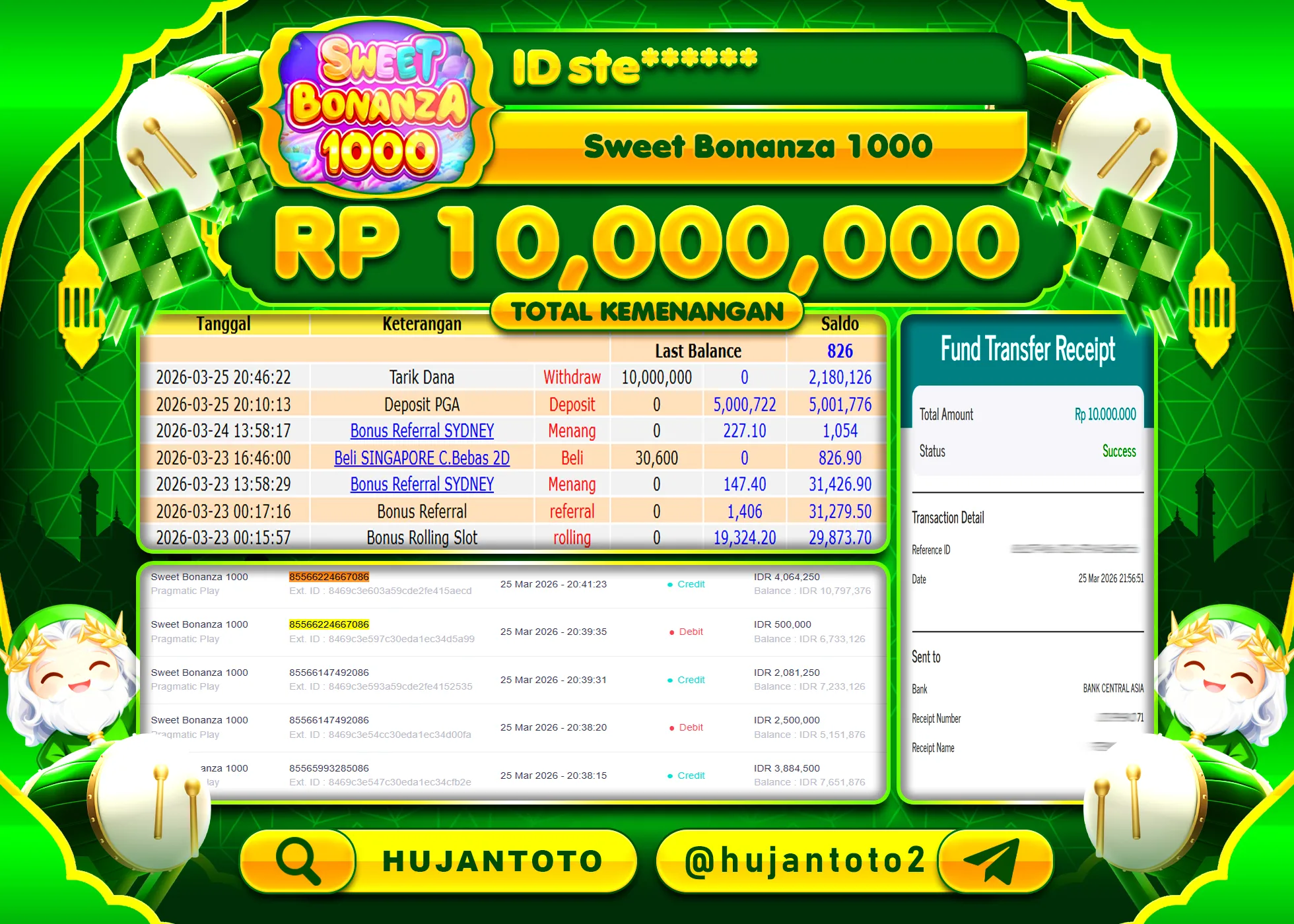 HUJANTOTO - BUKTI JACKPOT MENANG SLOT SWEET BONANZA 1000 Rp.10,000,000 - TERBAYAR LUNAS
