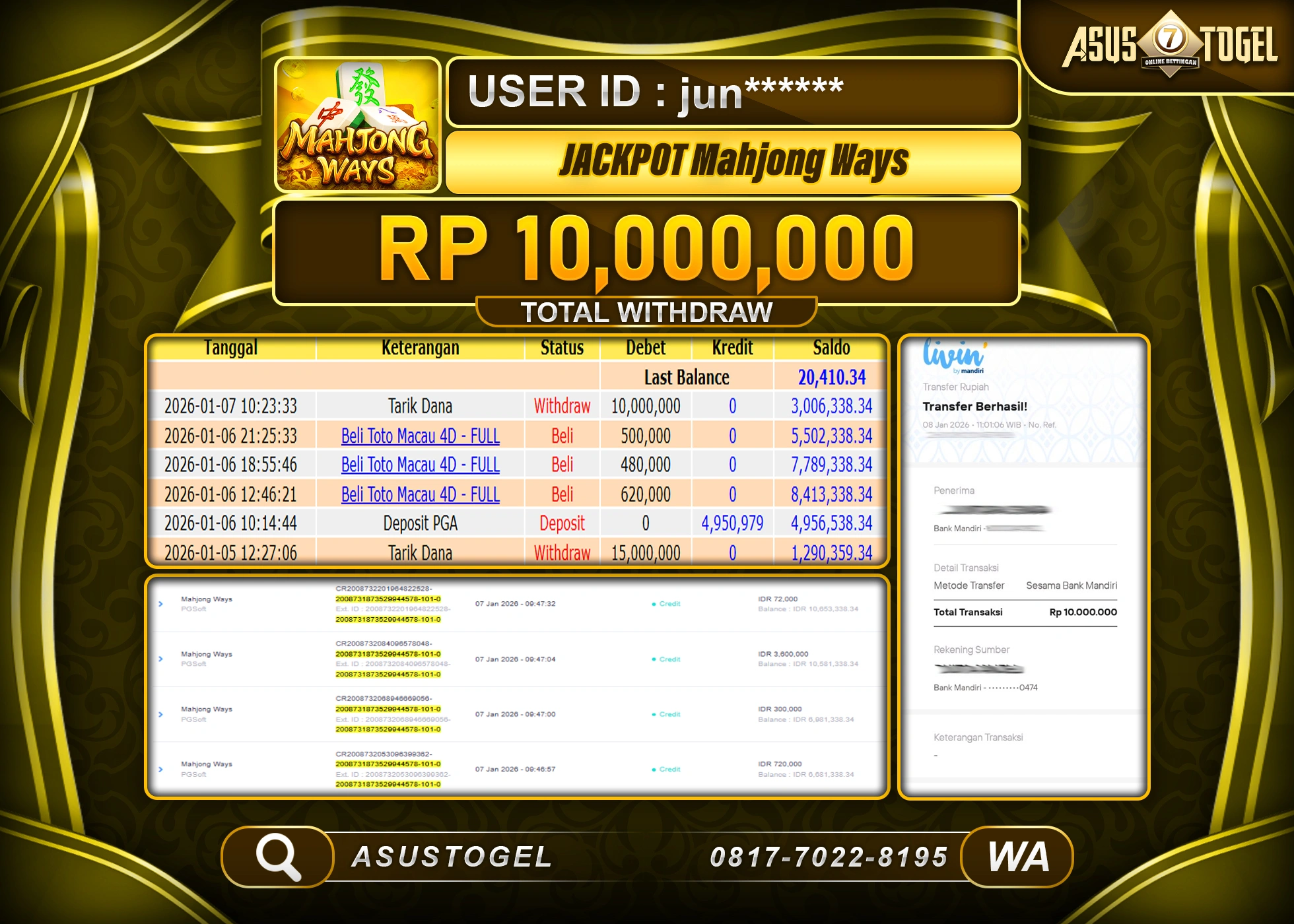 ASUSTOGEL KEMENANGAN DI SLOT MAHJONG WAYS SEBESAR 10,000,000 - RUPIAH LUNAS