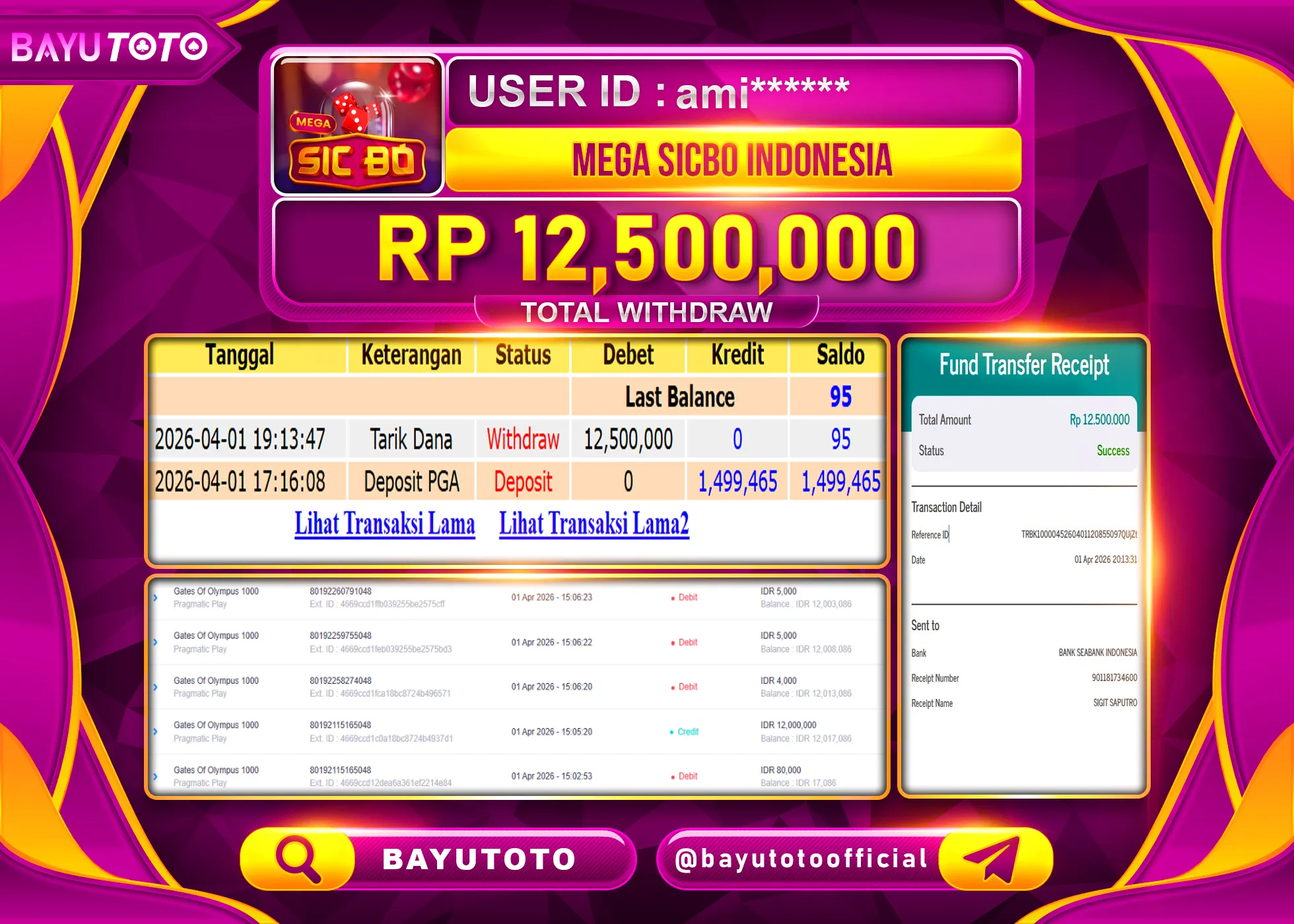 SELAMAT MEMBER SETIA BAYUTOTO JACKPOT DI LIVEGAMES MEGA SICBO DICE Rp. 12,500,000 LUNAS