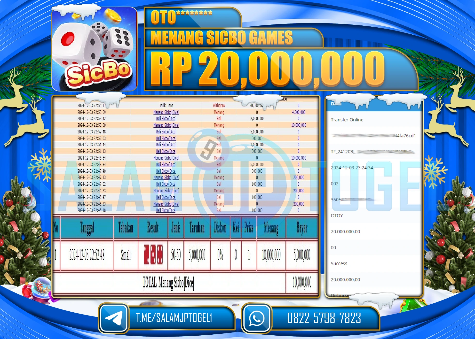 SALAMJPTOGEL MENANG LIVEGAME SICBO GAMES RP. 20,000,000 LUNAS